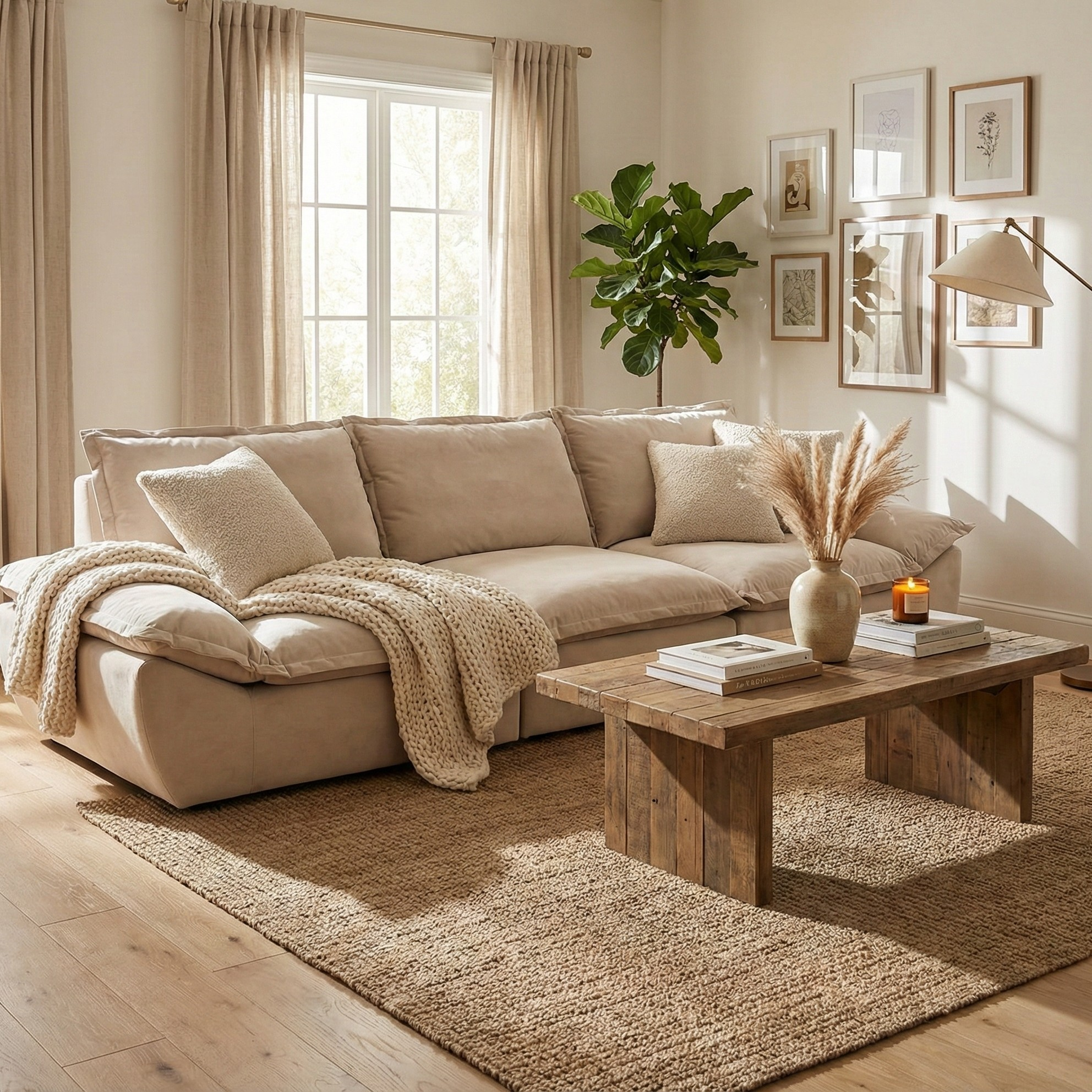 Cozy living room with beige sofa, wooden coffee table, and decorative elements.