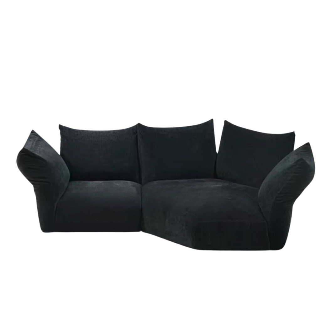 2 seater blooming Embrace Modular Sofa with large chaise in deep navy fabric in studio setting