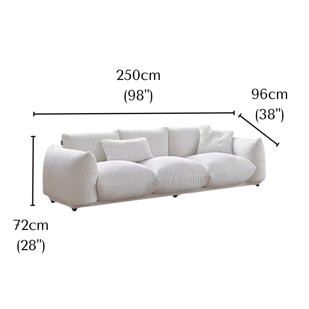 3 seater Loaf Bread Sofa in white background with measurements