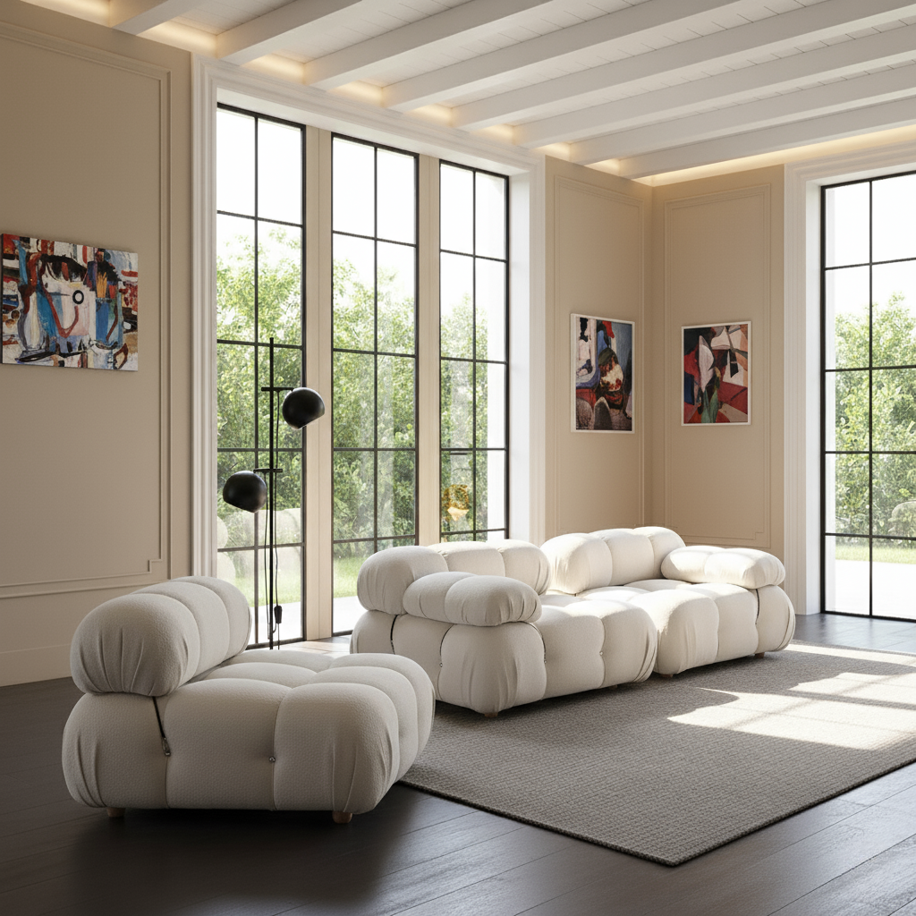 Modern living room with a white sofa and armchair, large windows, and artwork on the walls.
