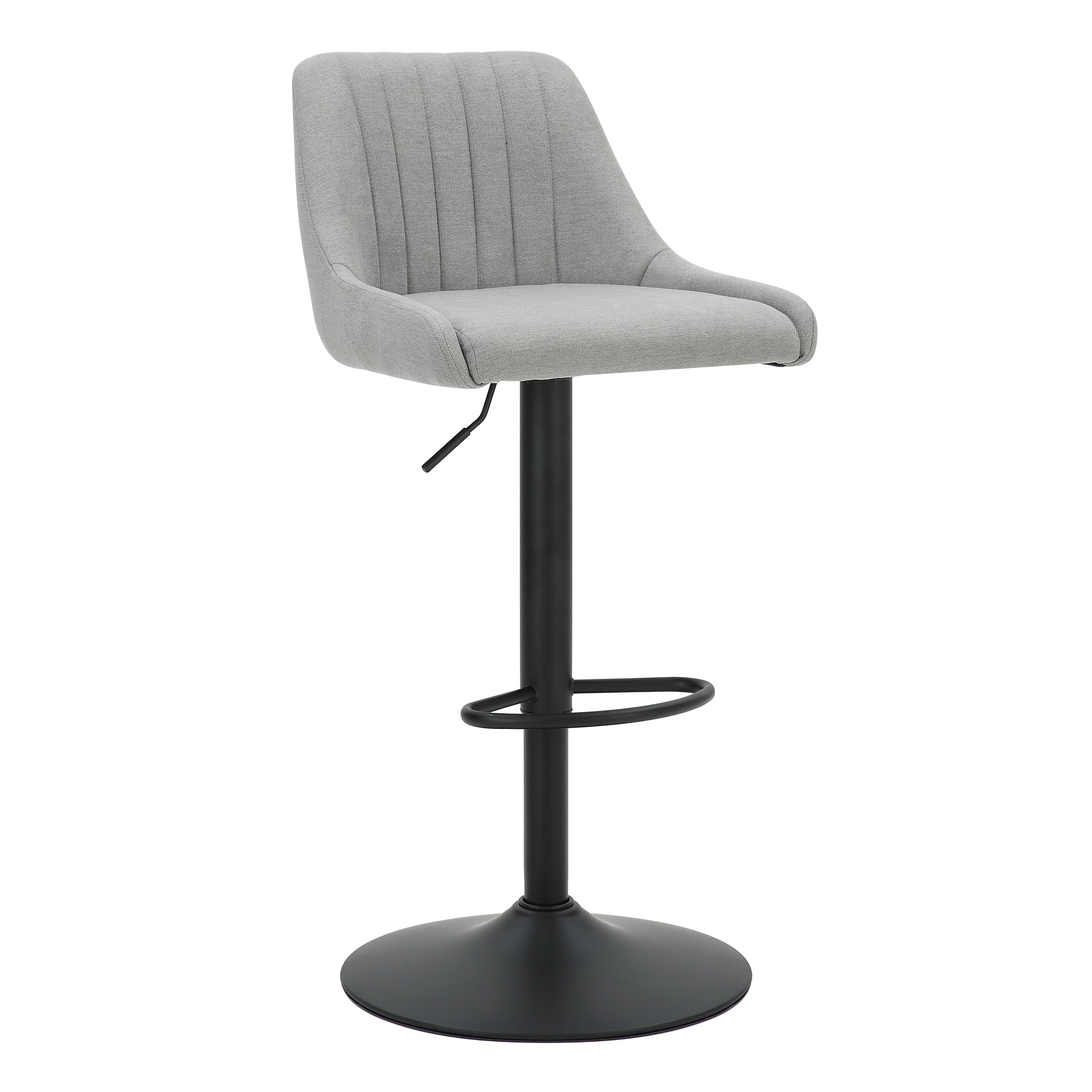 Gray bar stool with a black base on a white background