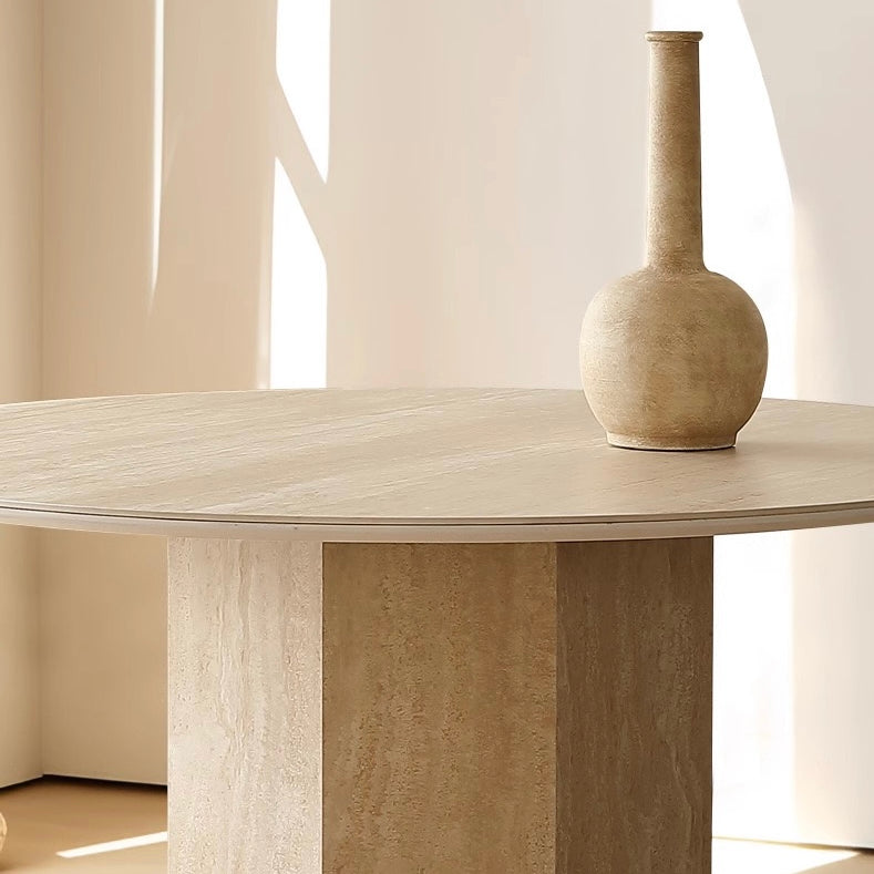 Travertine Sintered Stone Round Dining Table - Cozy Furniture & Lifestyle