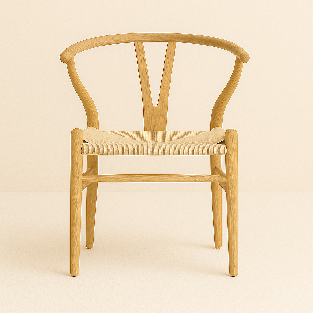 Alden Wishbone Dining Chair with a natural wood frame and woven seat, shown in a soft beige studio setting.