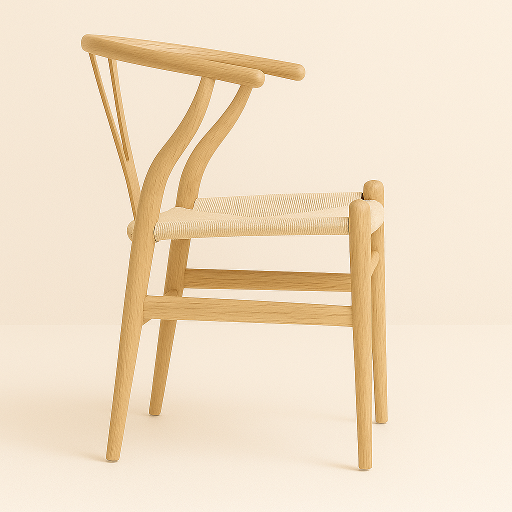 Side view of the Alden Wishbone Dining Chair featuring a natural wood frame and woven seat in a soft neutral studio setting