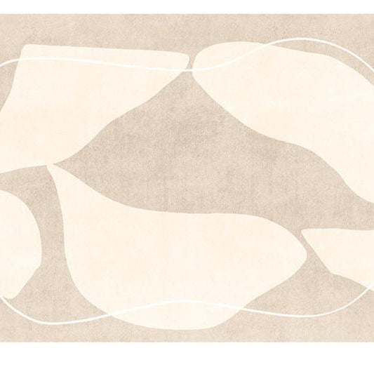 Almond Curves Art Rug featuring soft beige abstract shapes with flowing white lines