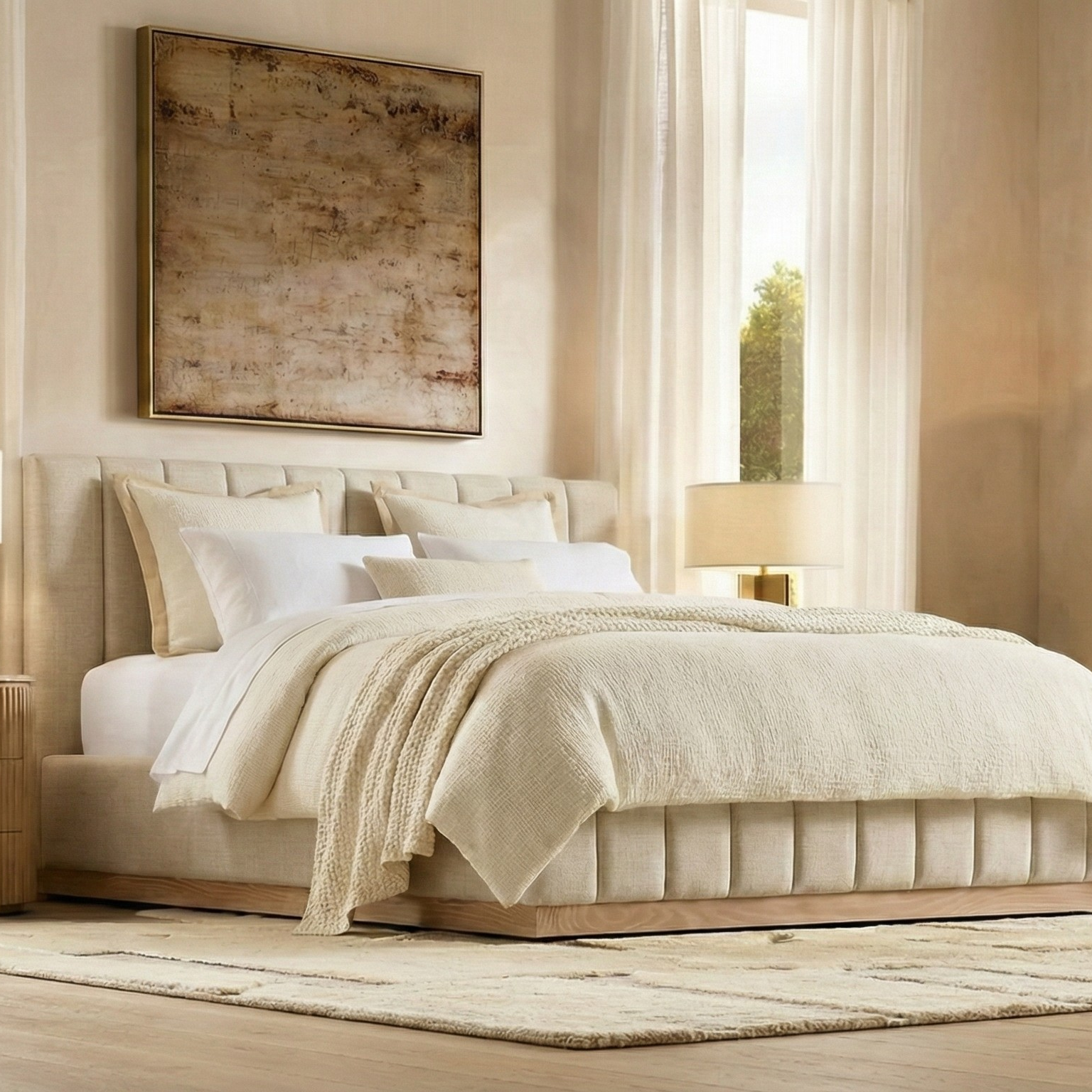 Alora Ashwood Bed shown styled in a bright bedroom with soft neutral bedding and matching night stands