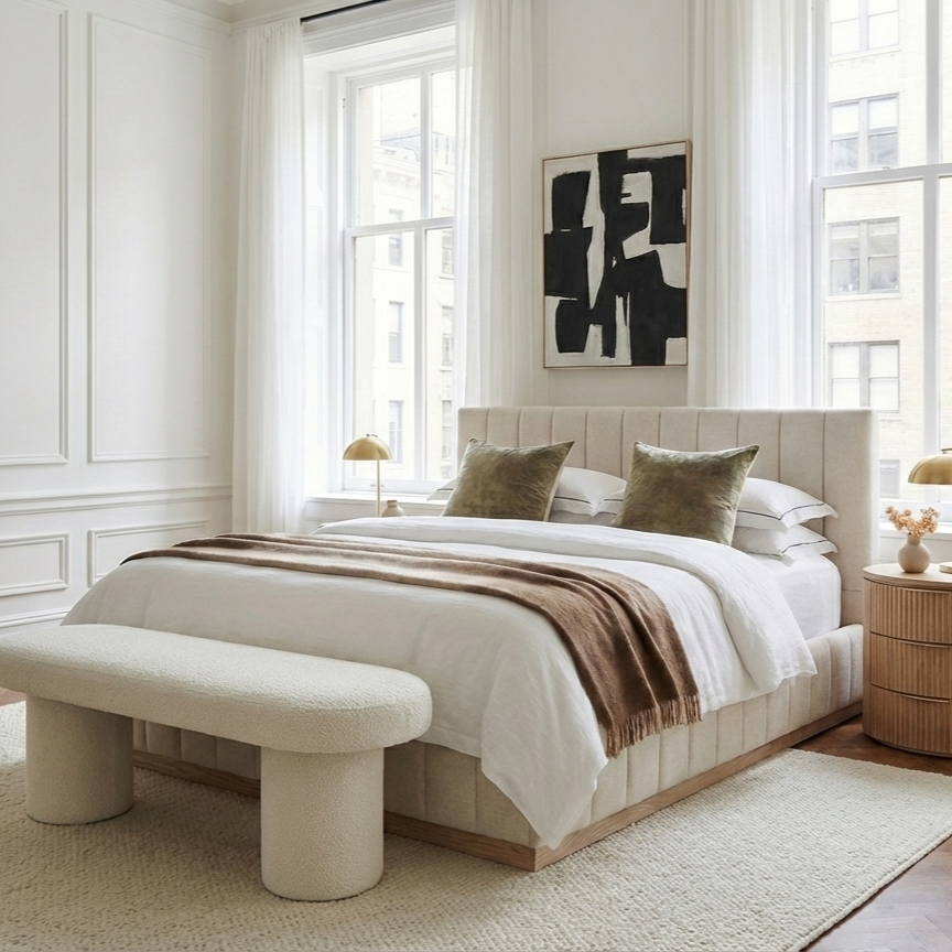 Alora Ashwood Bed styled in a bright urban bedroom with large windows, neutral bedding, and a bench at the foot