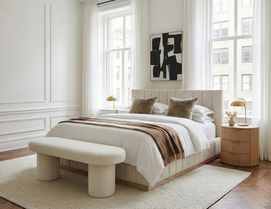 Alora Ashwood Bed styled in a bright urban bedroom with large windows, neutral bedding, and a bench at the foot