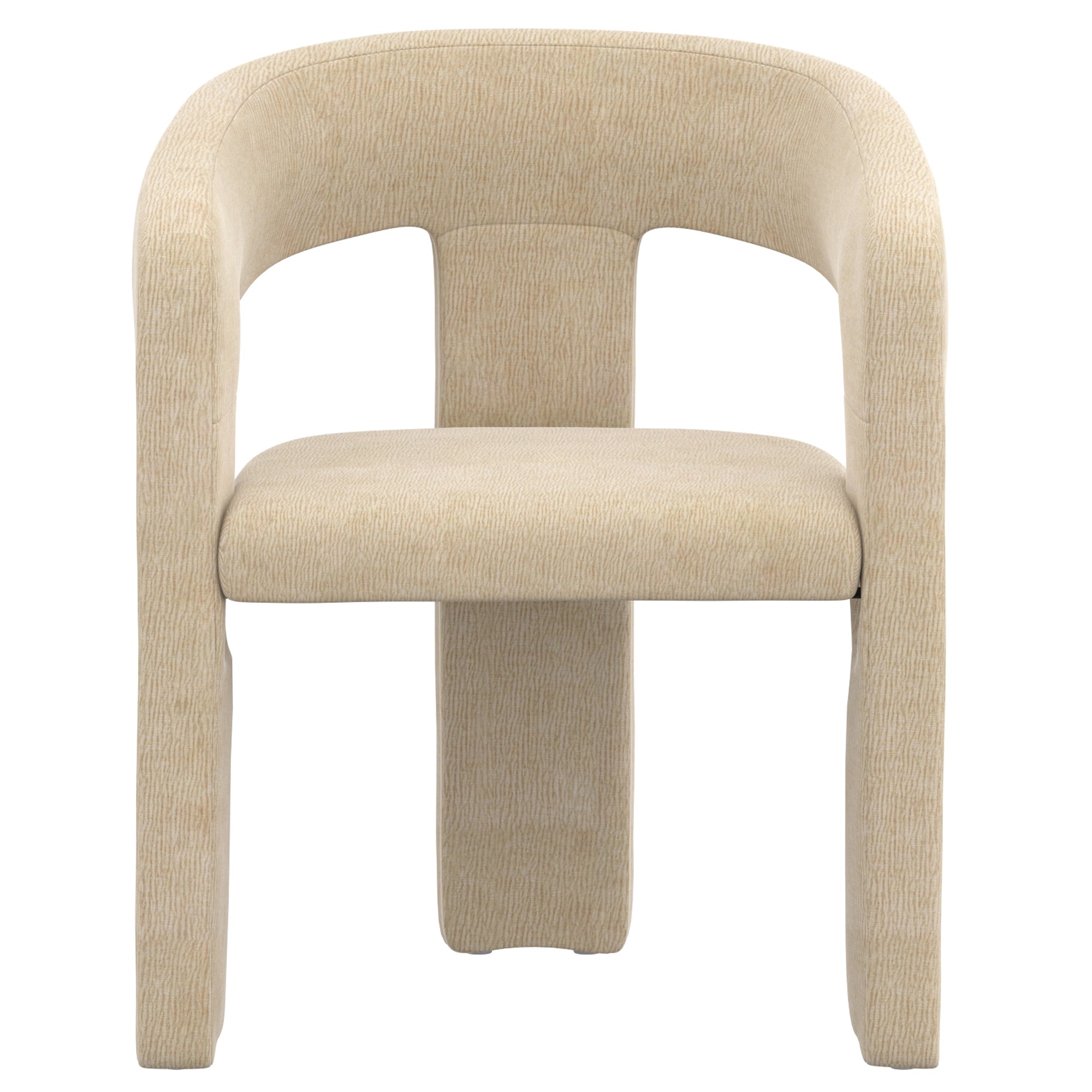 Front view of the Archway Dining Chair featuring a curved upholstered backrest and cushioned seat in a textured beige fabric