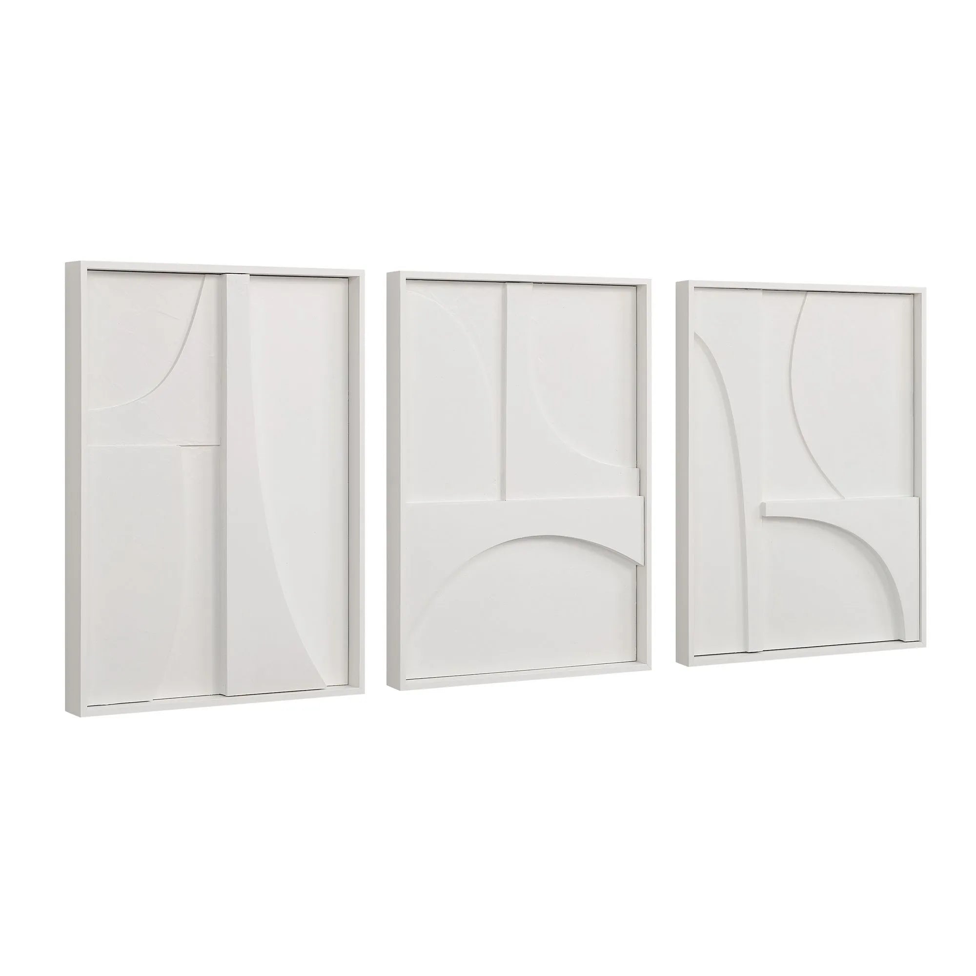 Arcus Relief Wall Art Set with three sculpted white panels shown in a clean studio arrangement