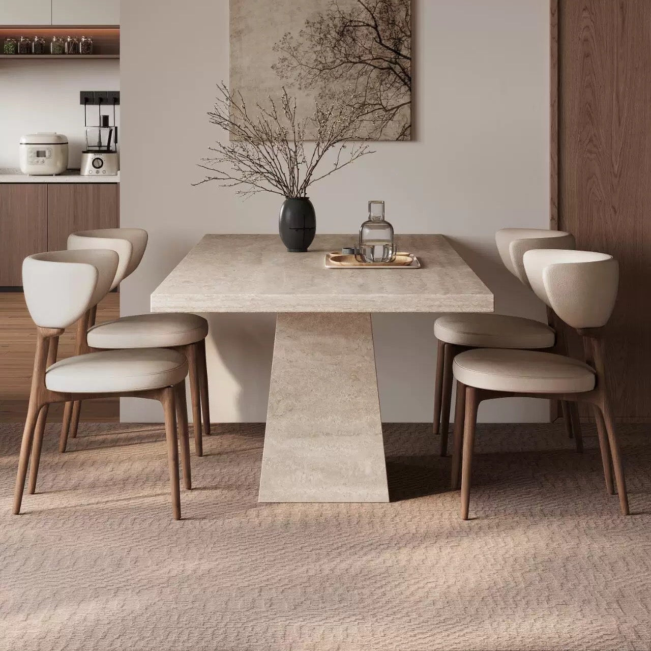 Front view of Ardella sintered stone dining table with trapezoid base and beige chairs in warm modern dining setting