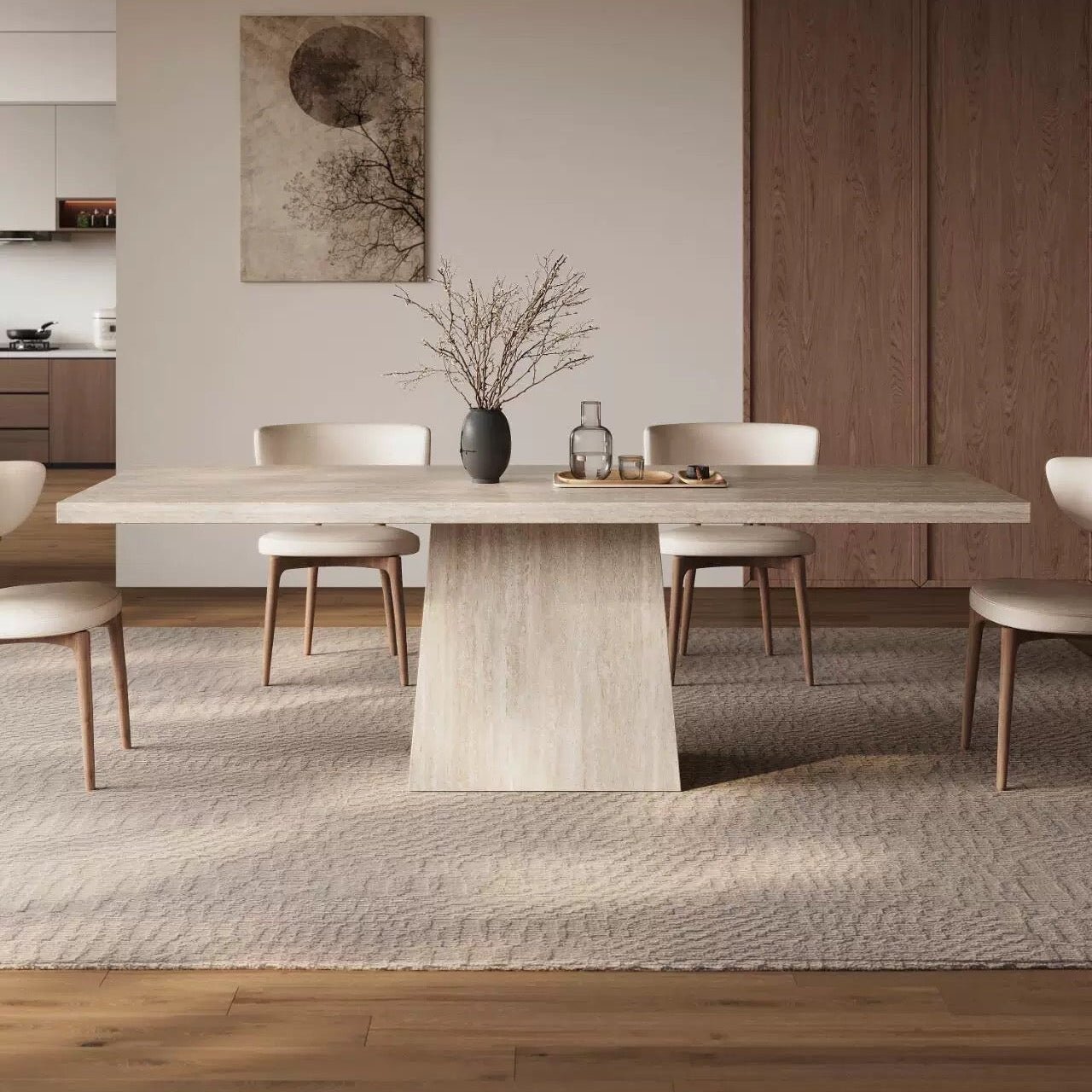 Ardella sintered stone dining table with trapezoid base styled in modern dining room with beige chairs and wood accents