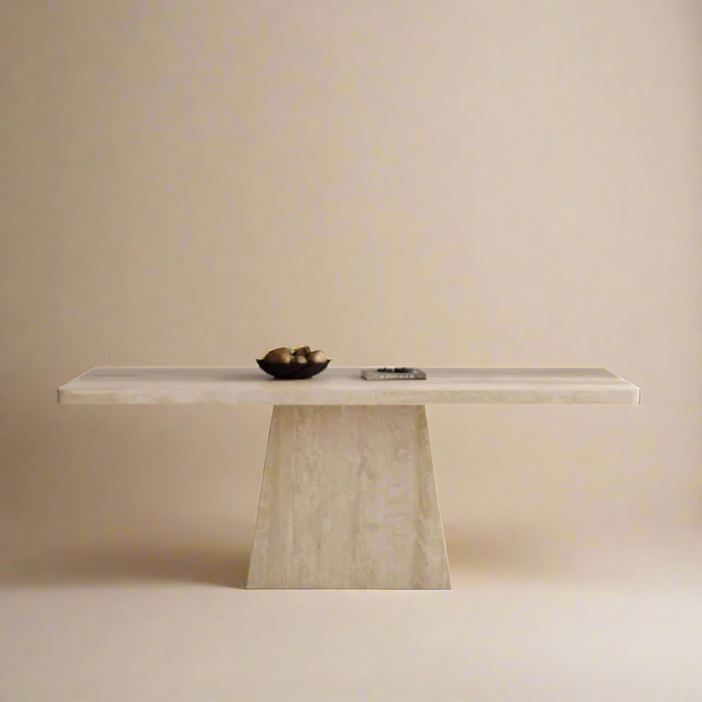 Front view of Ardella sintered stone dining table with trapezoid base and minimalist beige studio background