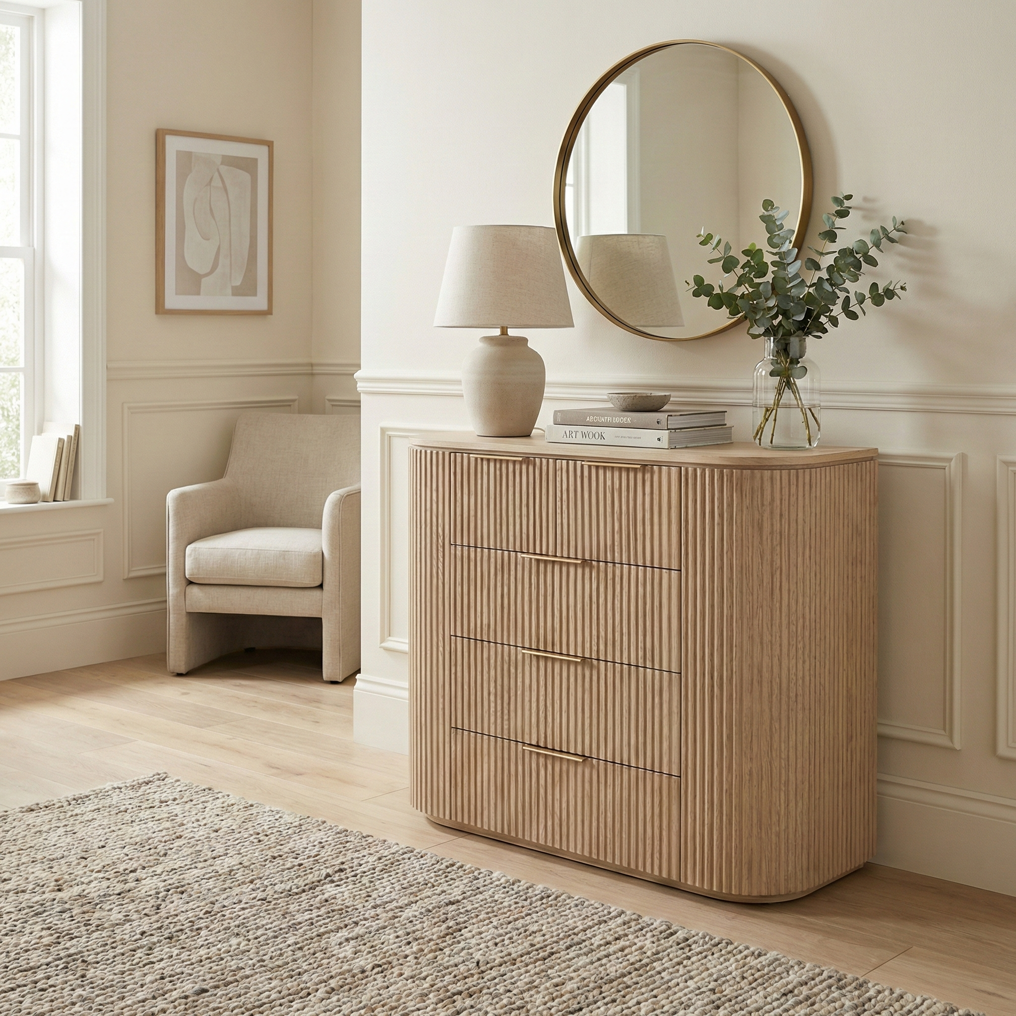 Arden curved wood dresser used as an entryway console table, styled with a gold mirror and vase of eucalyptus.