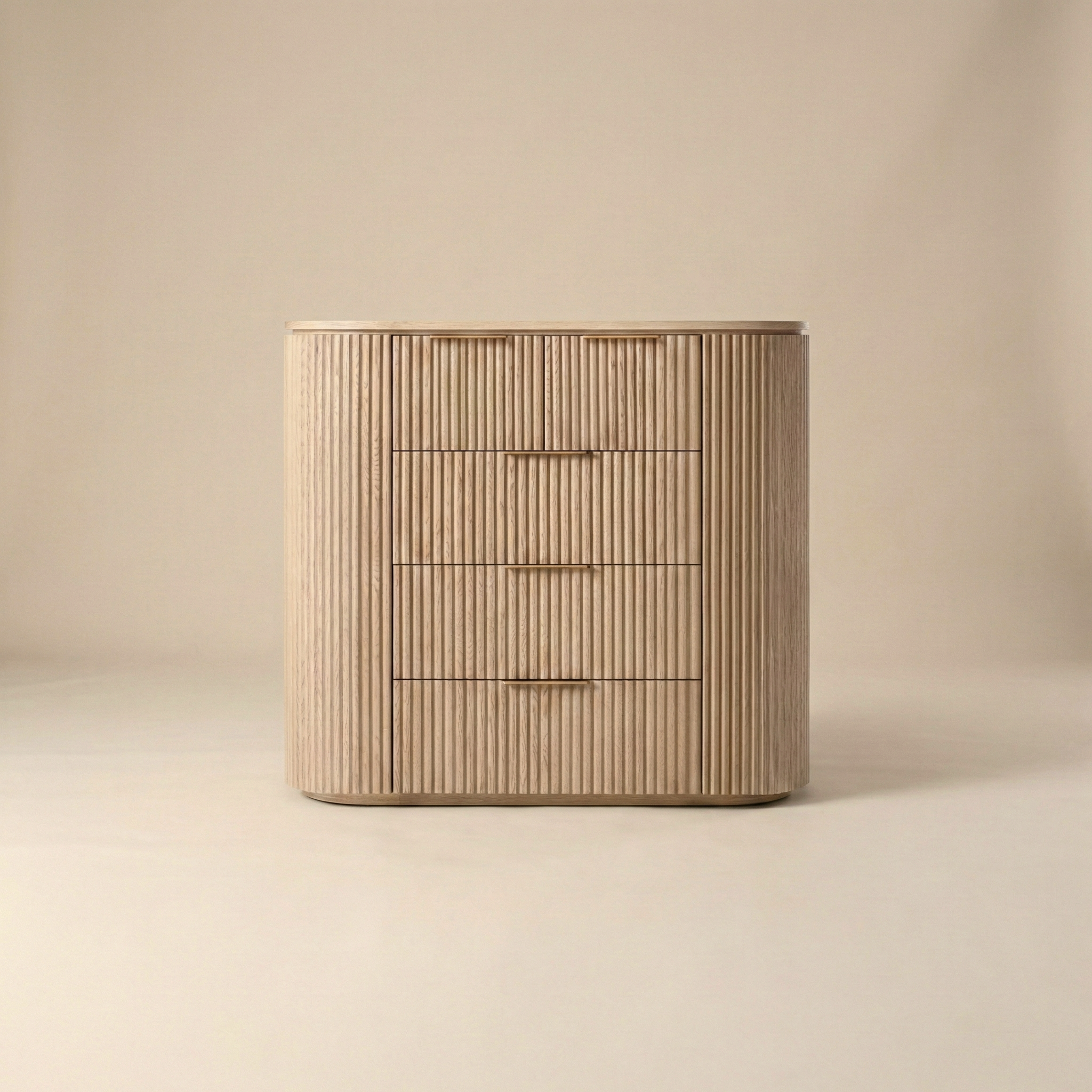 Wooden cabinet with a ribbed texture on a beige background