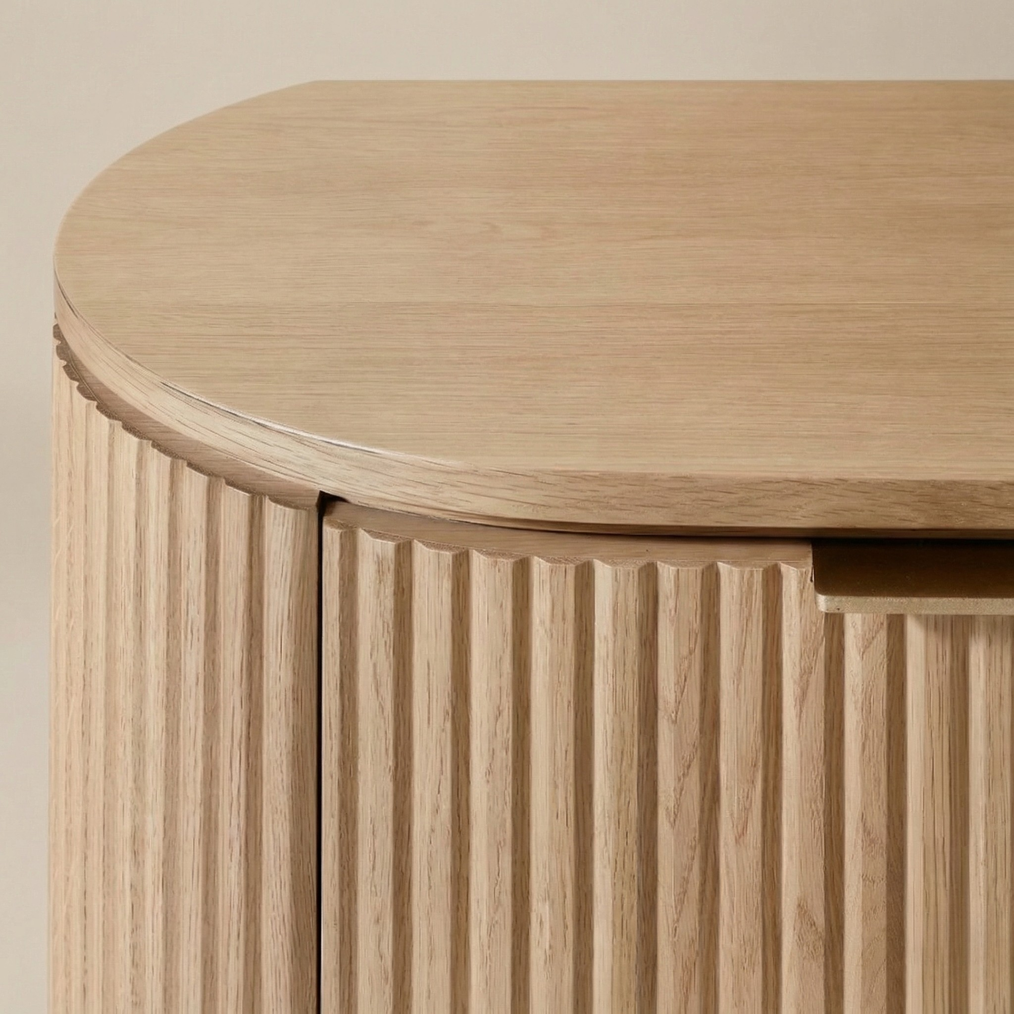 Close-up of Arden Oak Night Stand showing rounded oak top and fluted wood detailing