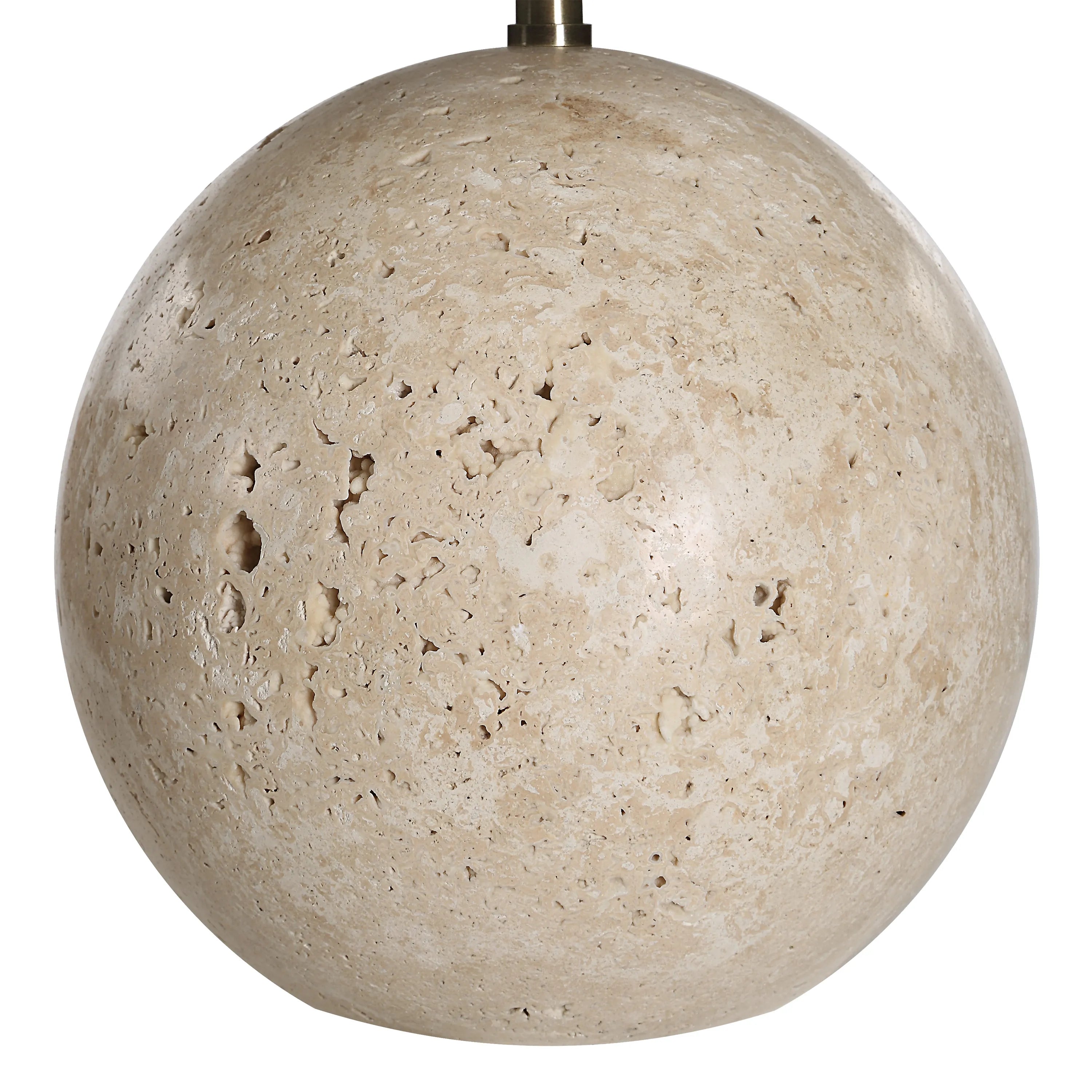 Close-up of Arlo Sphere Table Lamp showing natural travertine stone base with smooth round texture and organic pores