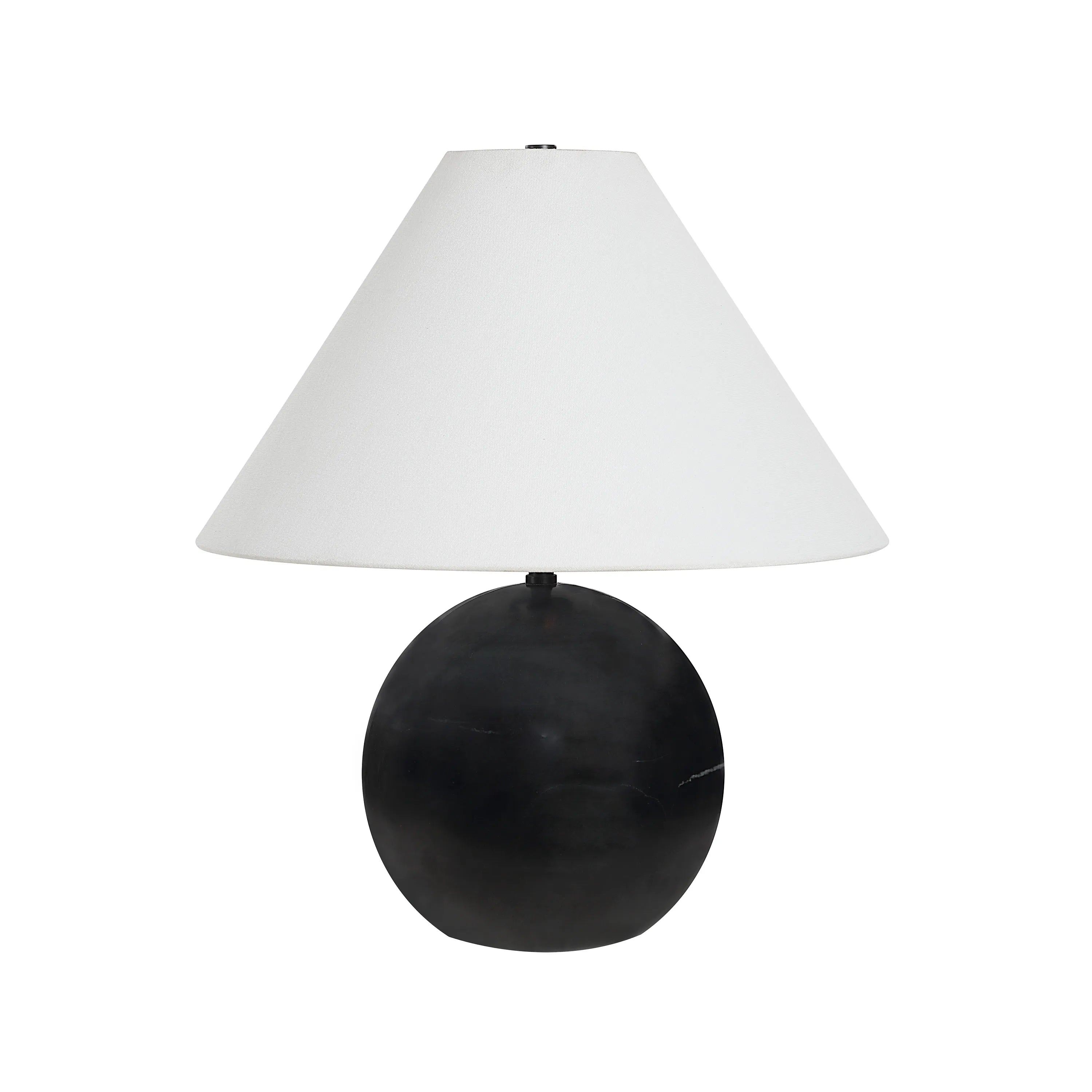 Arlo Black Marble Sphere Table Lamp with white conical fabric shade and polished stone base on plain background