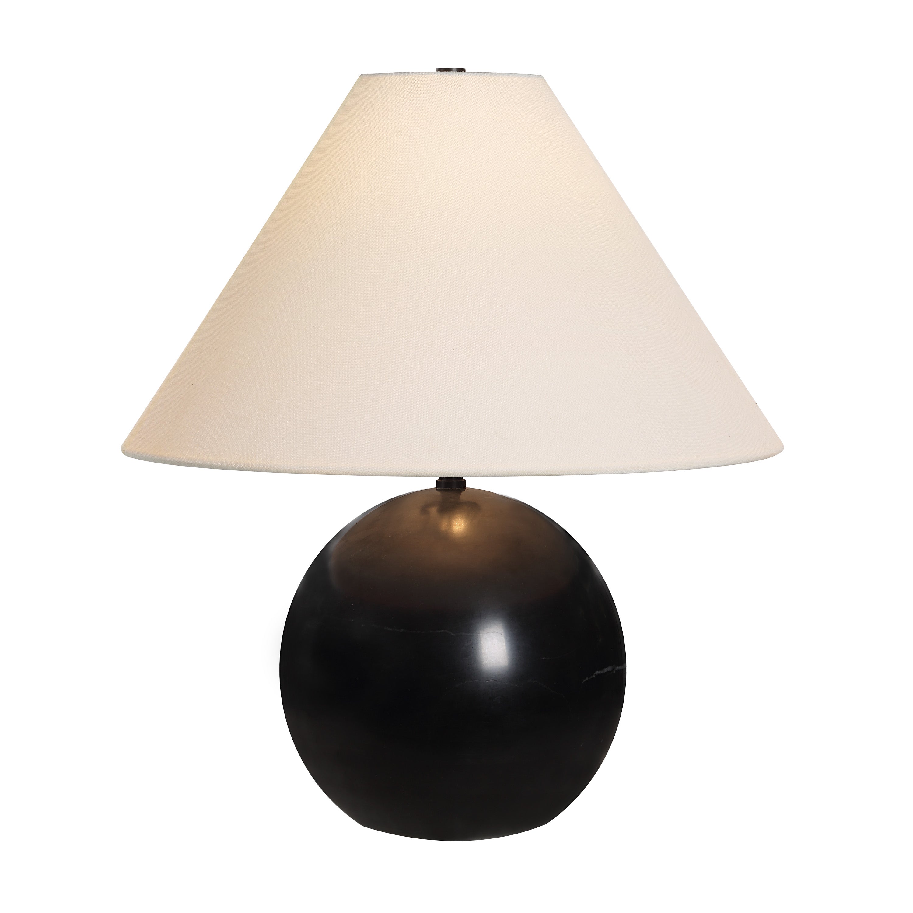 Arlo Black Marble Table Lamp with spherical stone base and wide cream fabric shade on plain background