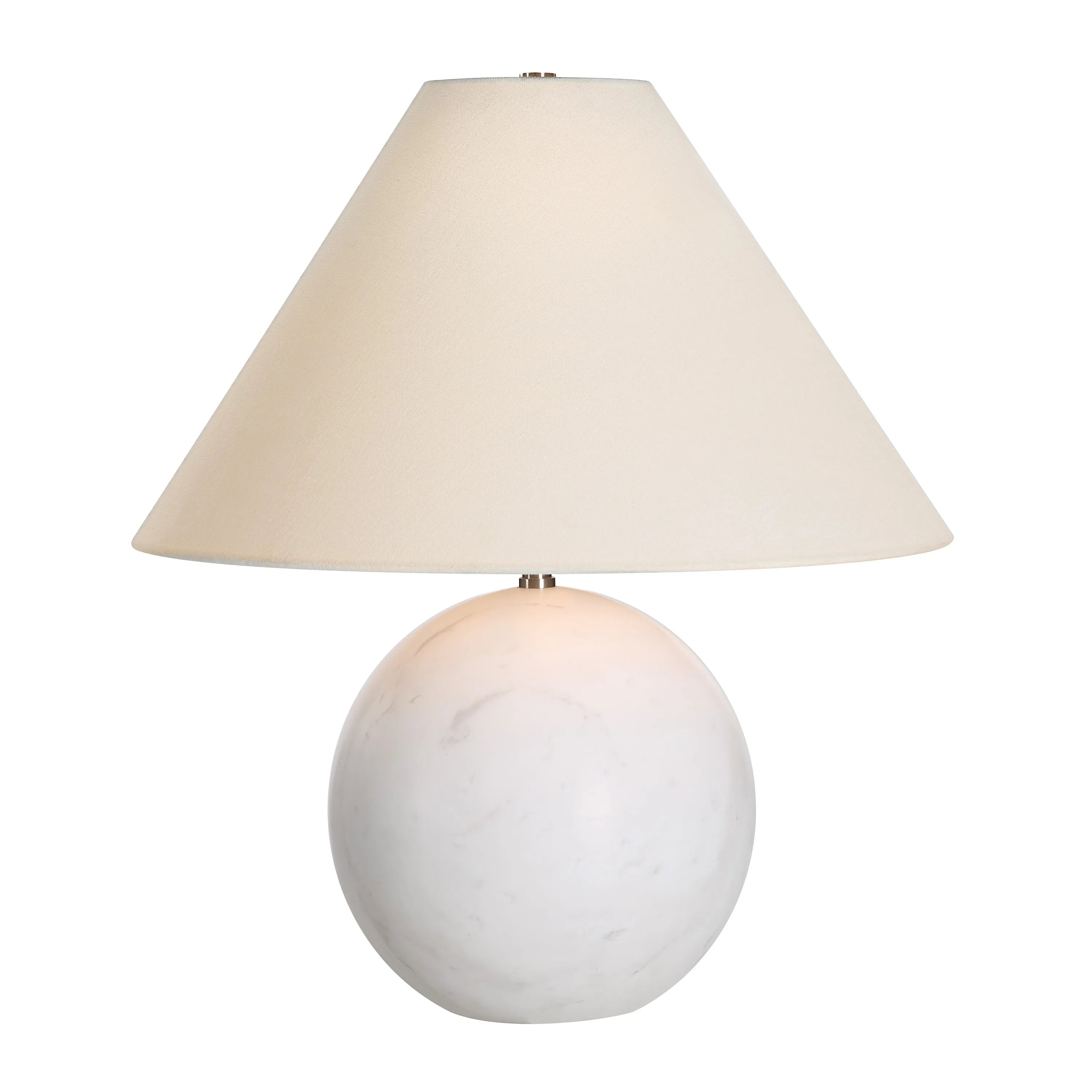 Arlo White Marble Table Lamp with round stone base and wide cream fabric shade on plain background