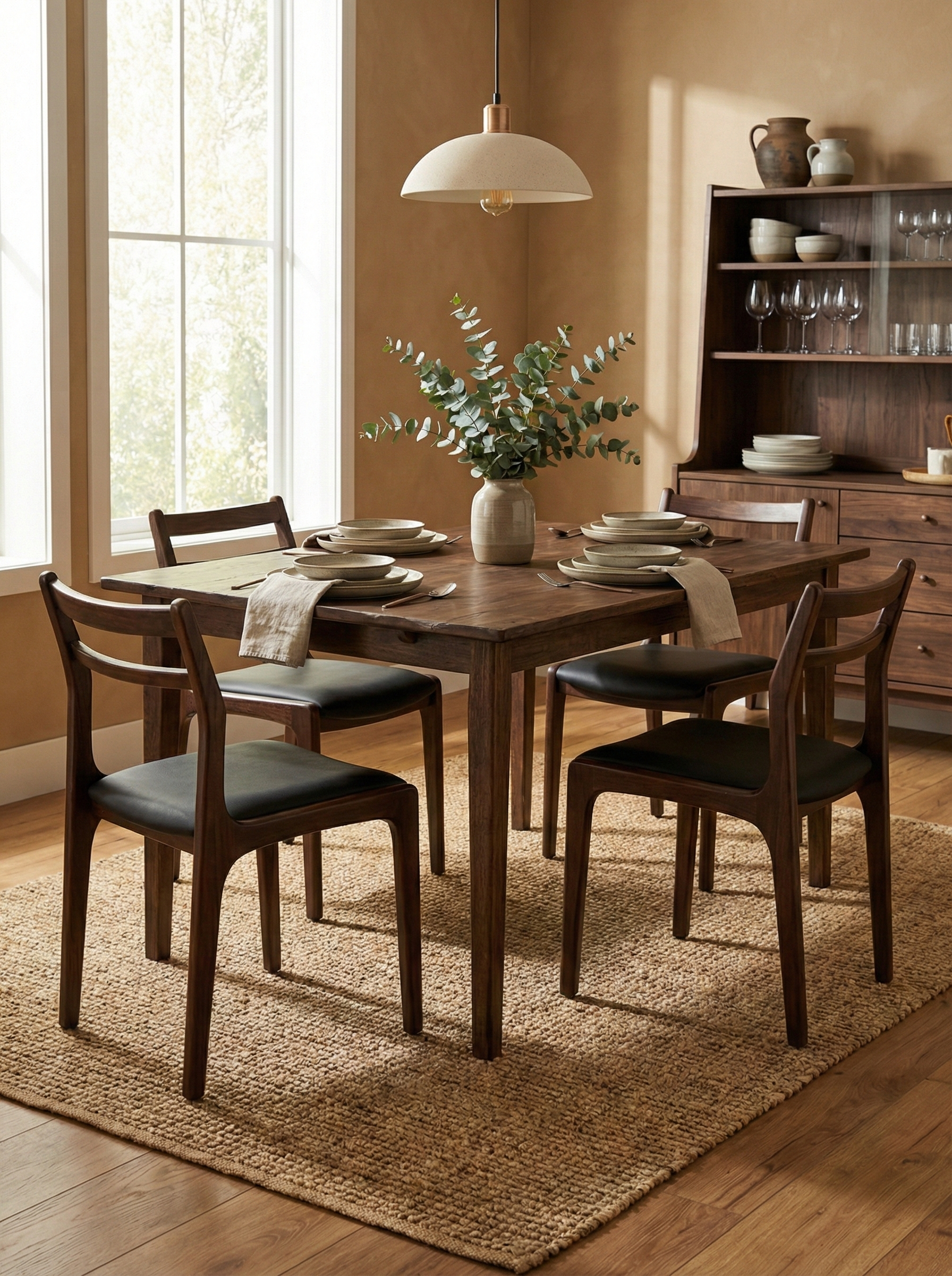 Dining room with wooden table and chairs, vase with greenery, and shelves in the background.