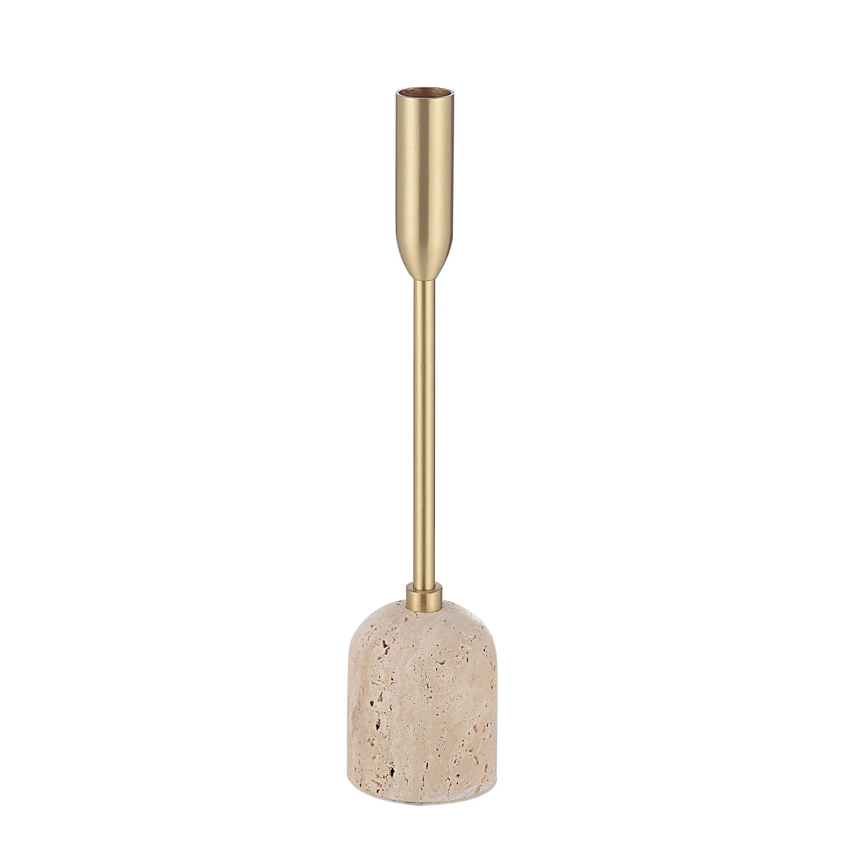 Aurelia Candle Holder medium size featuring brass stem and travertine stone base on white background