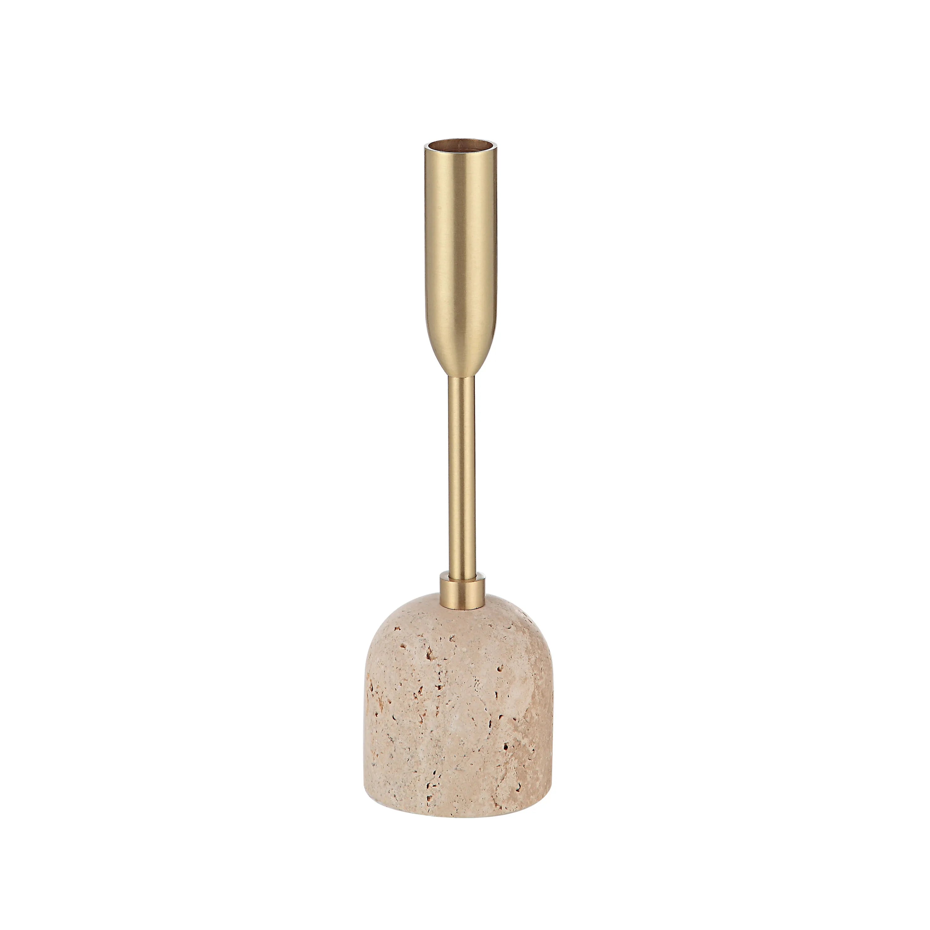 Aurelia Candle Holder small size with brass stem and travertine stone base on white background