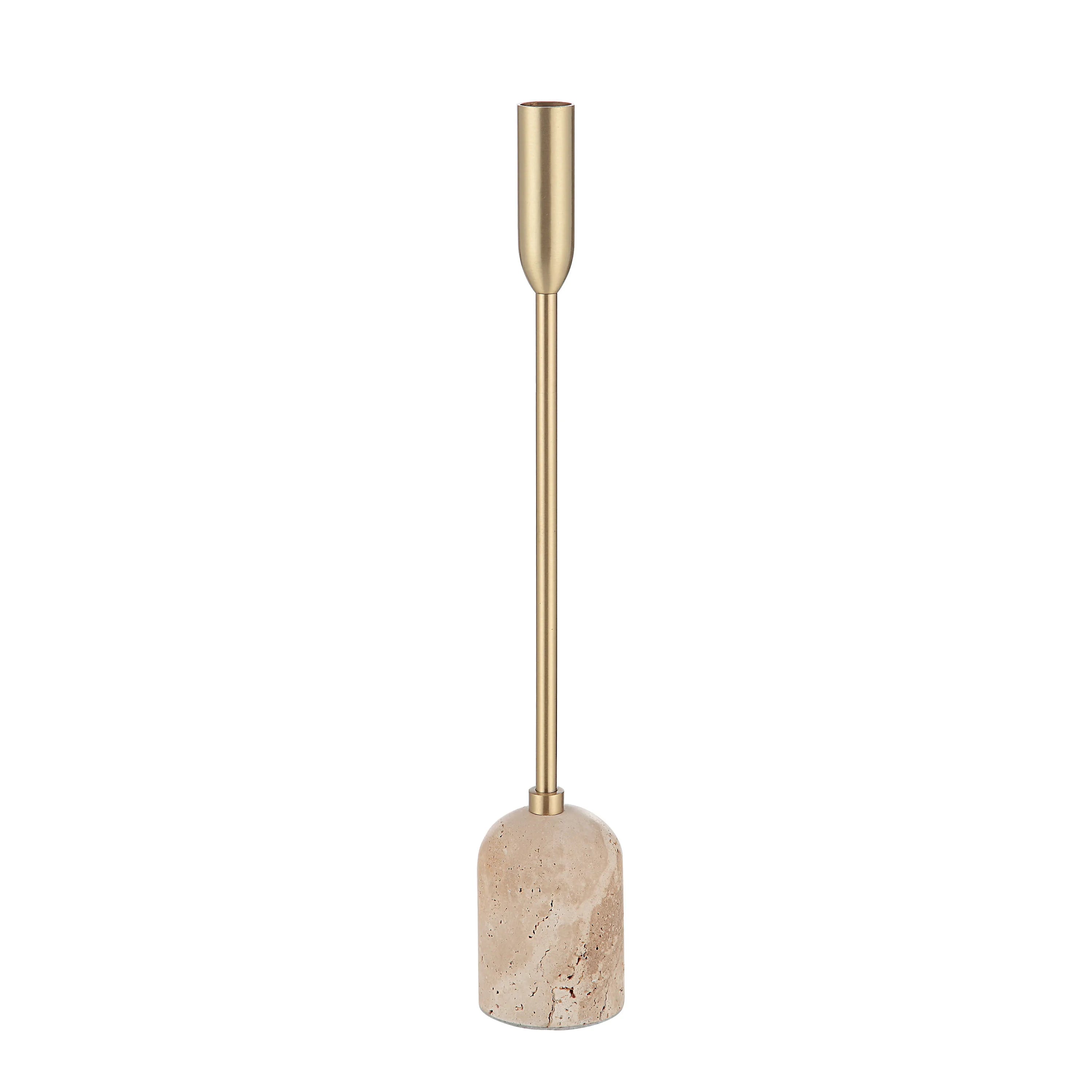 Aurelia Candle Holder tall size with brass stem and travertine stone base on white background