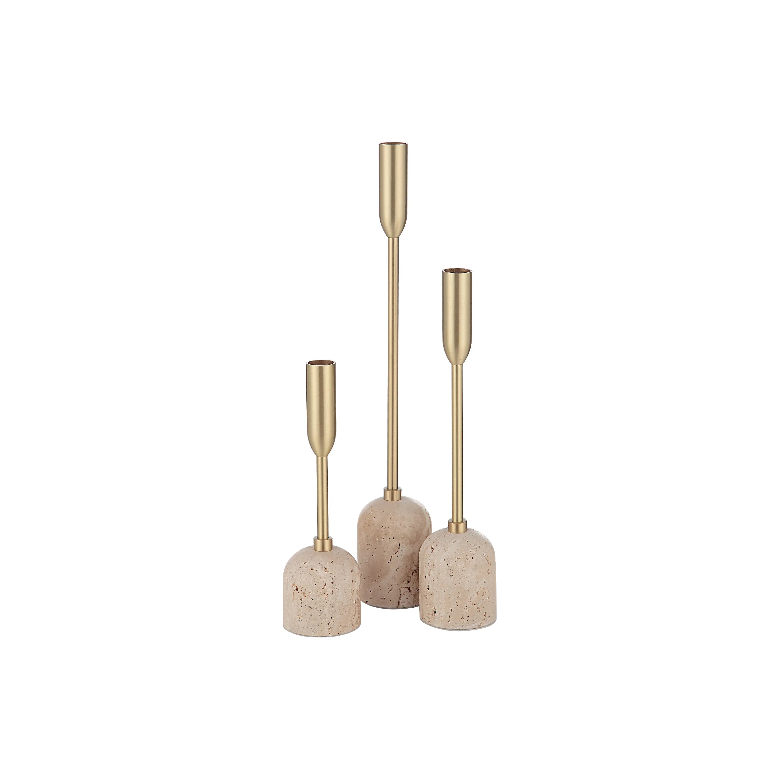 Aurelia Candle Holders set of three with brass stems and travertine stone bases on white background