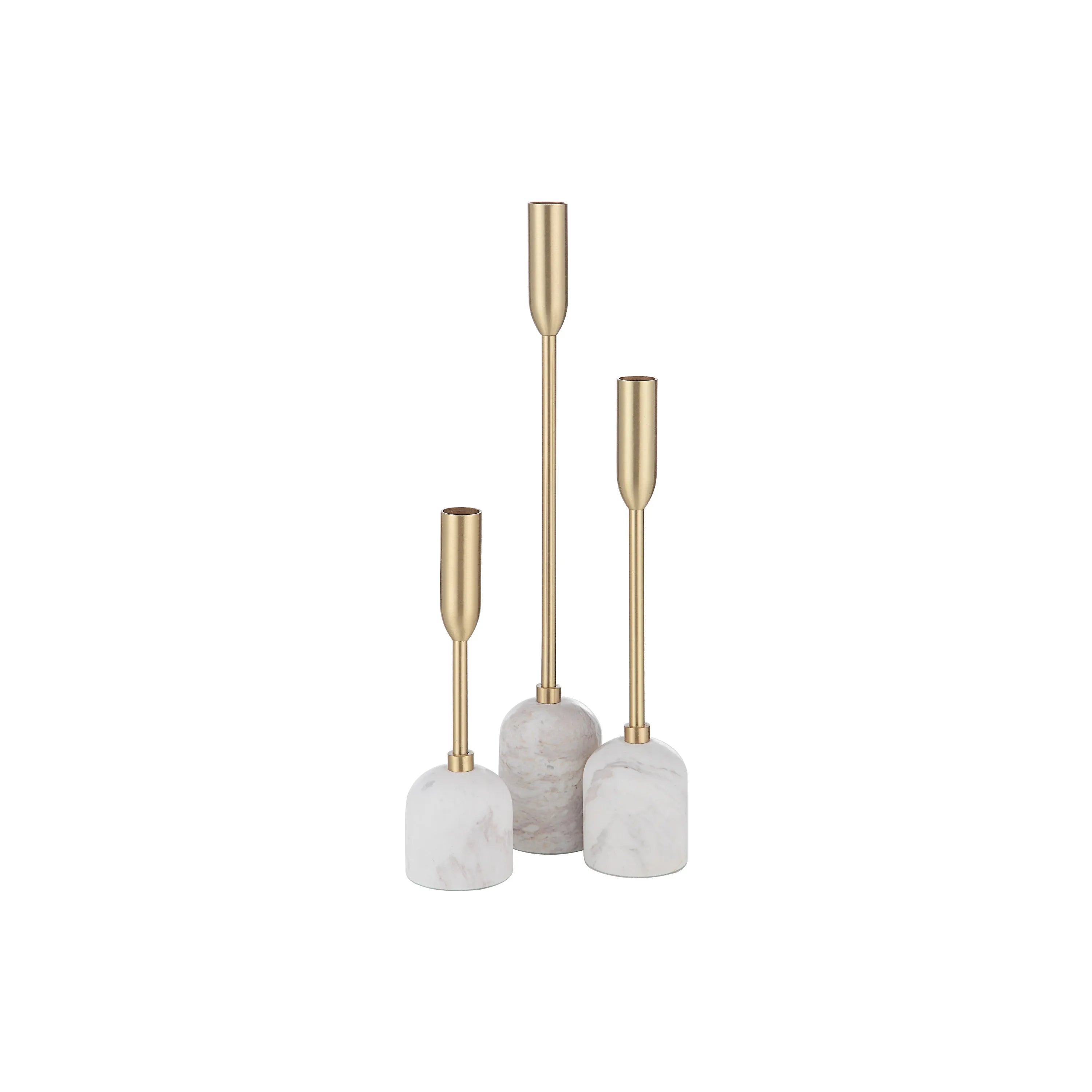 Set of Aurelia Candle Holders with white marble bases and brass stems in three varying heights