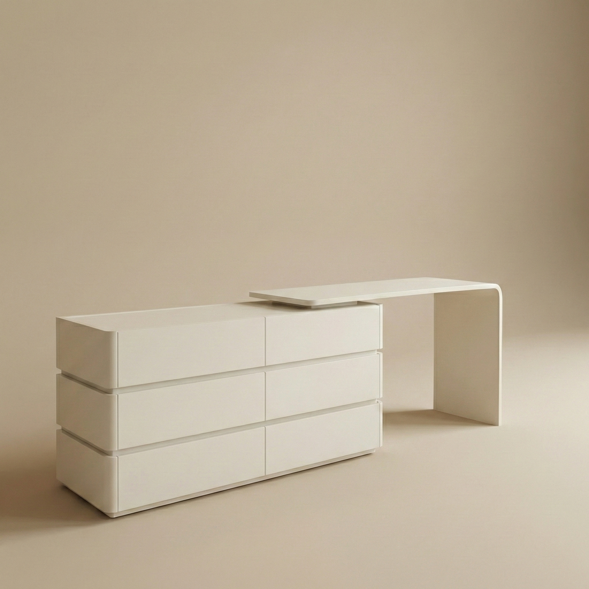 Avina Vanity featuring a modern white 6-drawer dresser with an integrated extendable desk top for a seamless L-shaped makeup station.