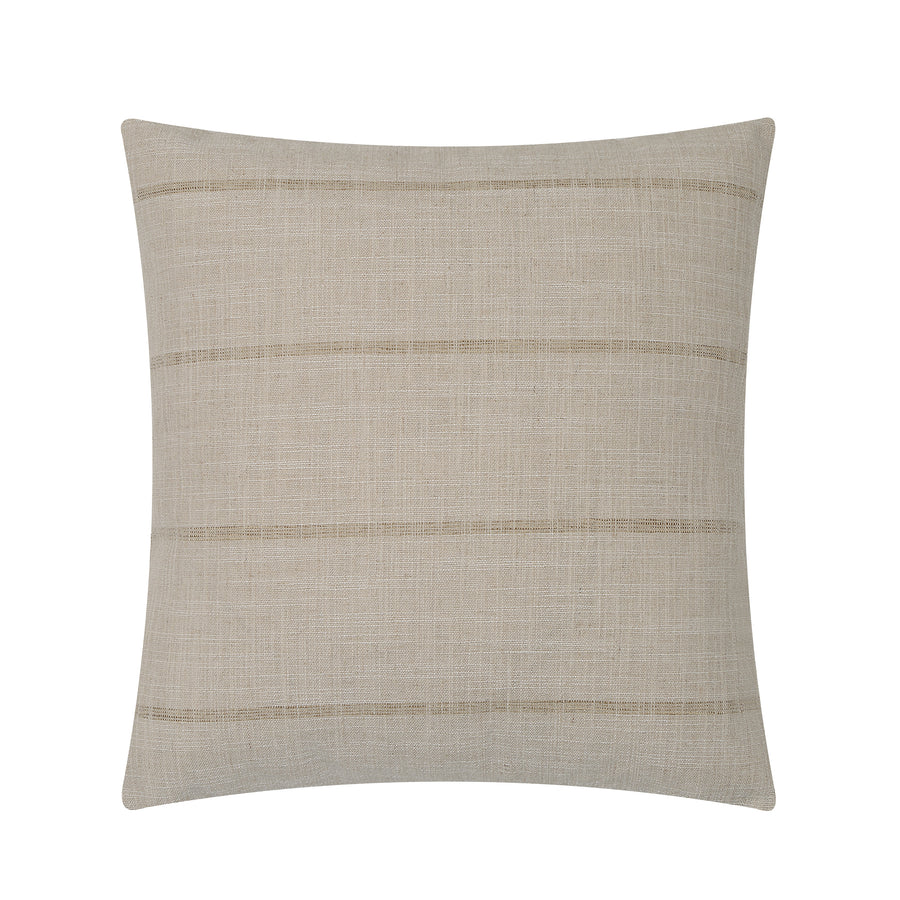 Full front view of the square Beckett throw pillow featuring a light beige woven fabric with subtle horizontal stripes.