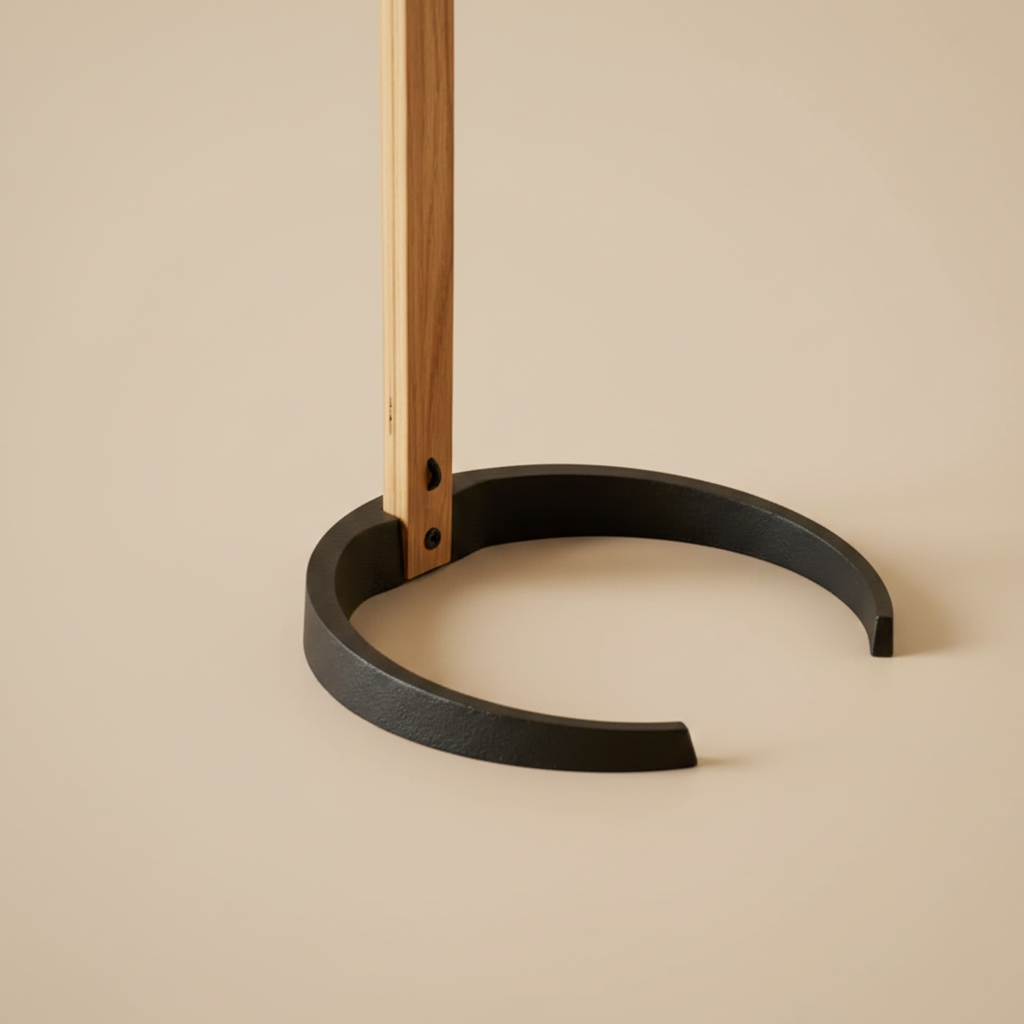 Detail view of the Bianca floor lamp's sturdy black metal horseshoe base supporting the light oak wood stem.