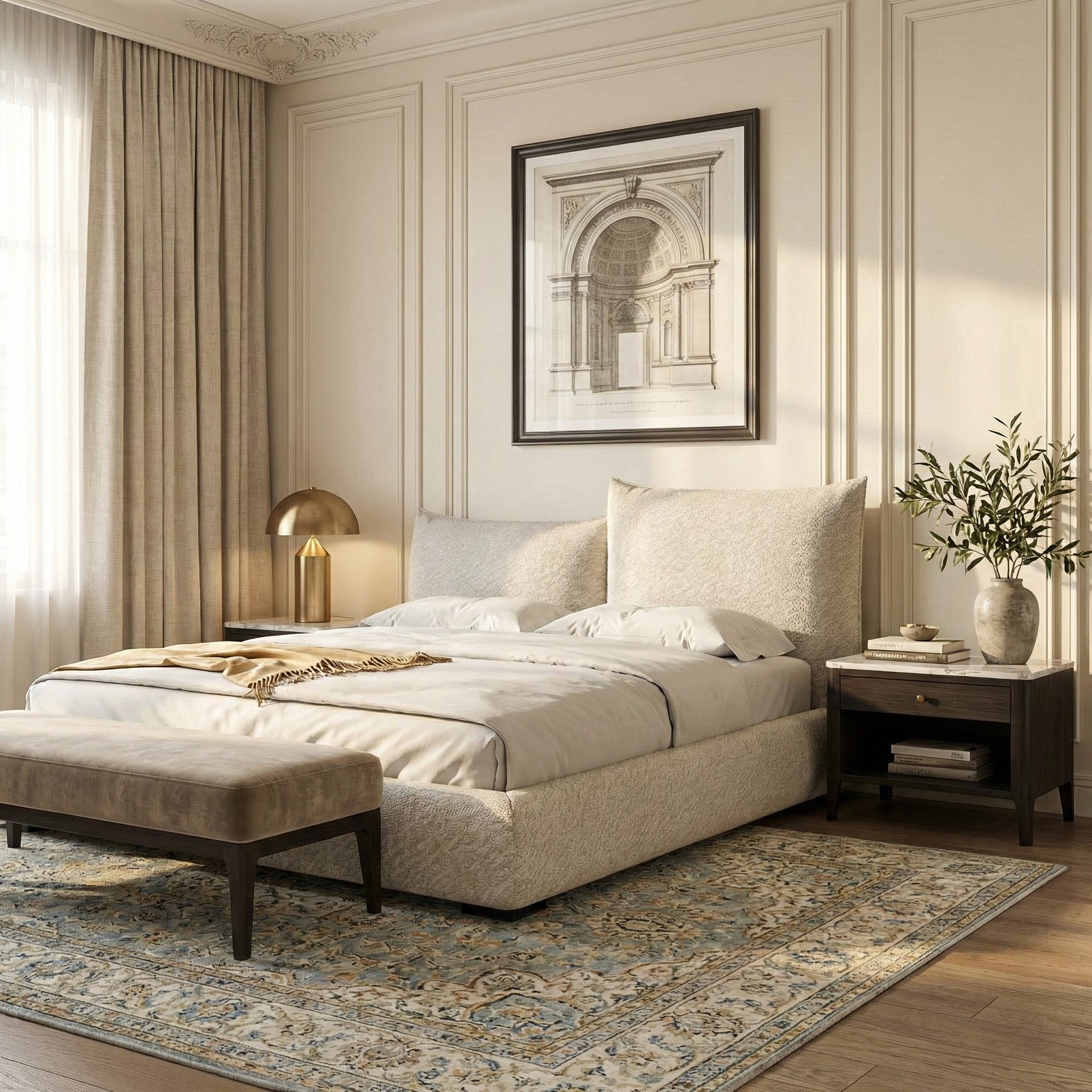 Blooming Embrace upholstered bed styled in a classic bedroom with a vintage rug, dark wood nightstands, and gold accents.