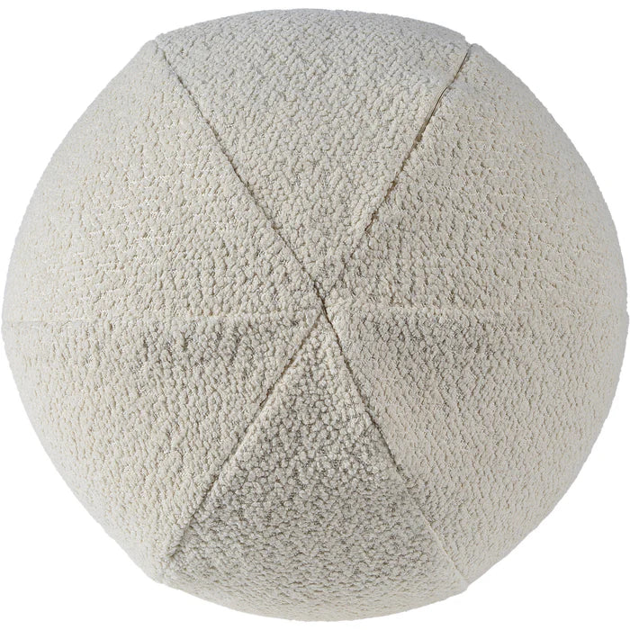 Top view of the ivory bouclé ball pillow highlighting its perfectly round spherical silhouette and panel construction.