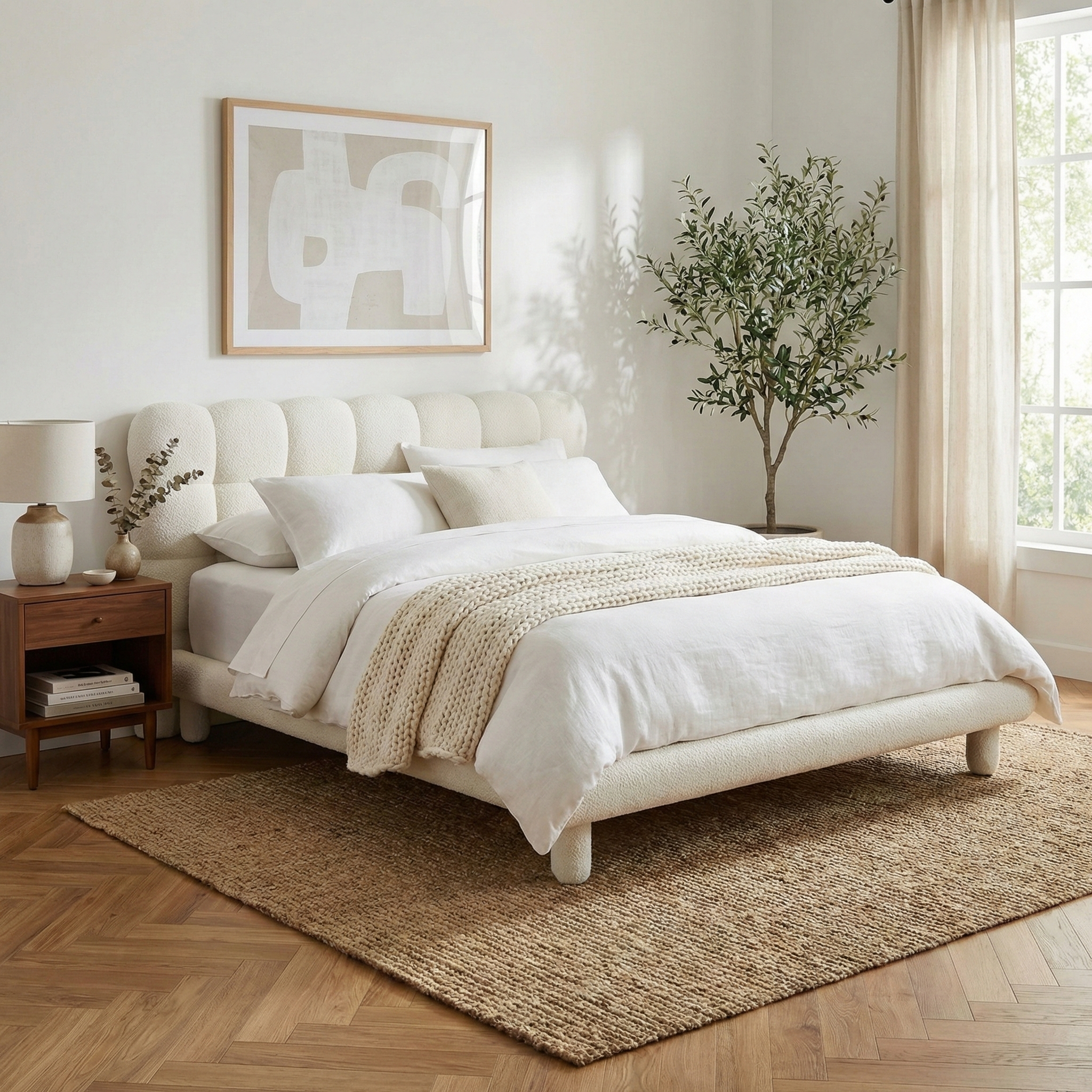 Neatly made bed in a bedroom with a plant and framed art on the wall.