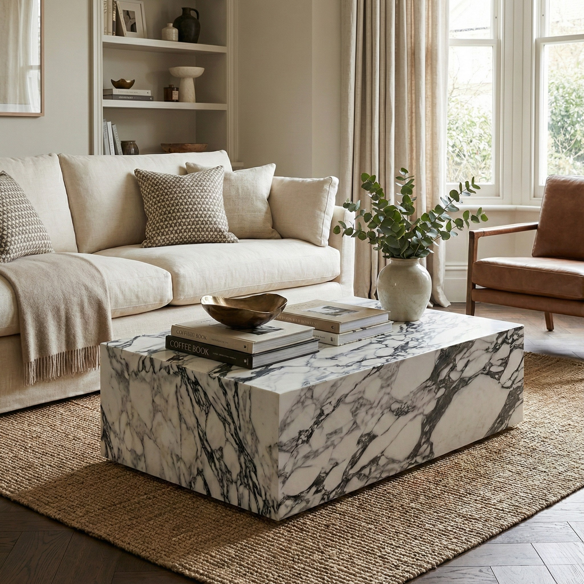 Bulgari Charm marble plinth coffee table styled in a modern living room with a cream sofa, woven rug, and decor books.