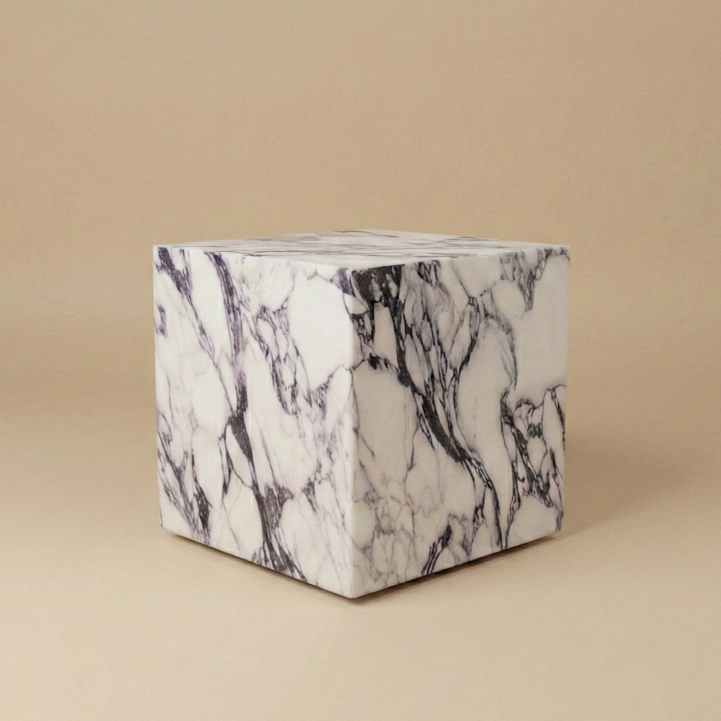 Bulgari Charm square side table featuring a solid cube design with dramatic white and purple veined marble finish.
