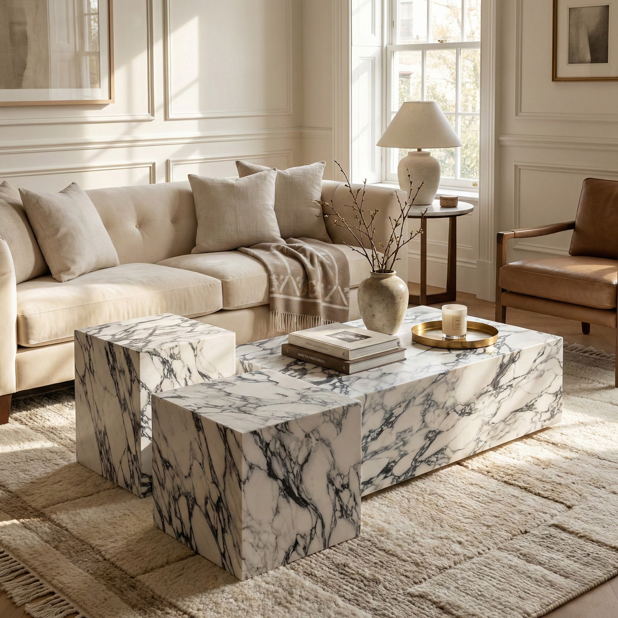 Bulgari Charm marble table set styled in a luxury neutral living room, clustered together as a centerpiece coffee table.