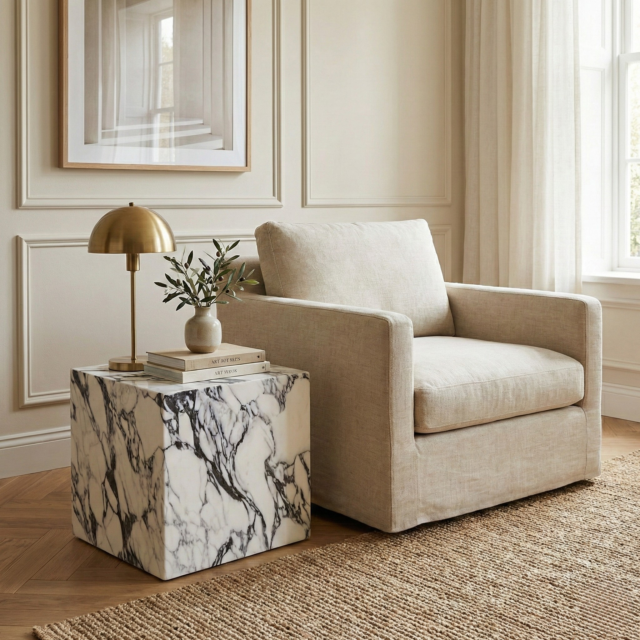 Bulgari Charm square marble side table styled next to a beige linen armchair in a modern classic living room with panel molding.