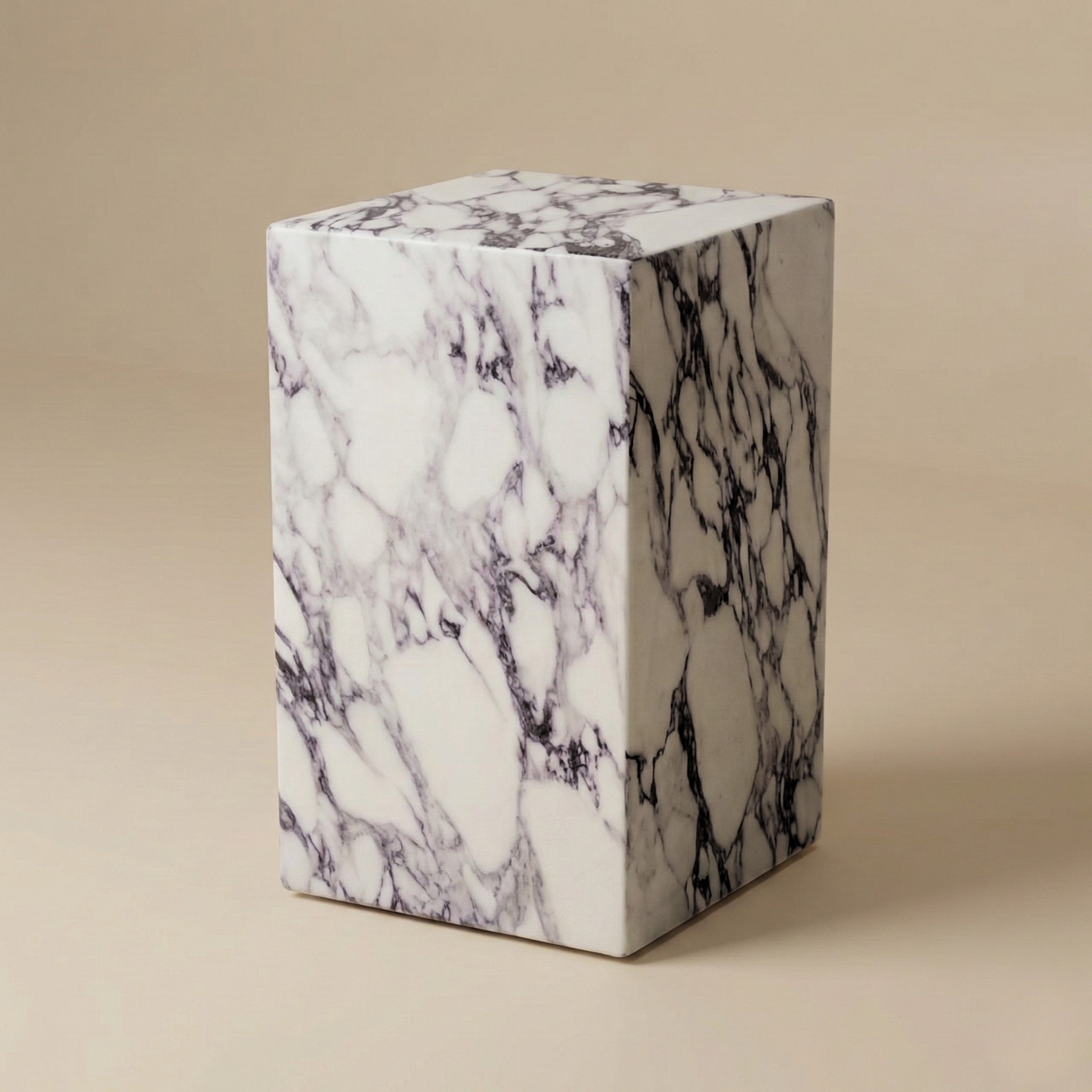 Bulgari Charm tall side table featuring a rectangular block design with dramatic white and purple veined marble finish.