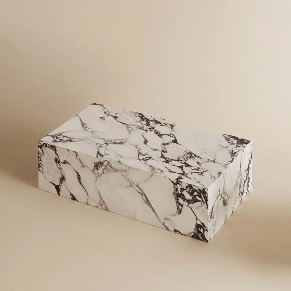 Angled view of the Bulgari Charm square side table with marble stone pattern