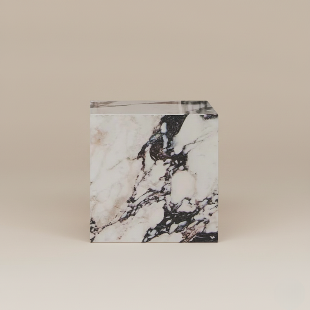 Front view of the Bulgari Charm square side table with marble stone pattern