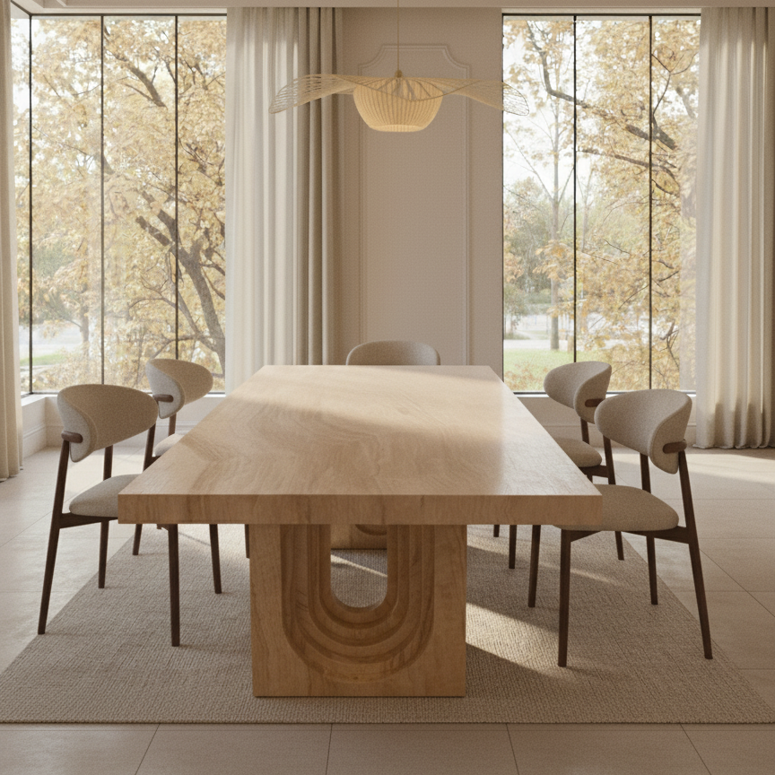 Caden Natural Travertine Dining Table displayed in a modern dining room with curved chairs and large window backdrop