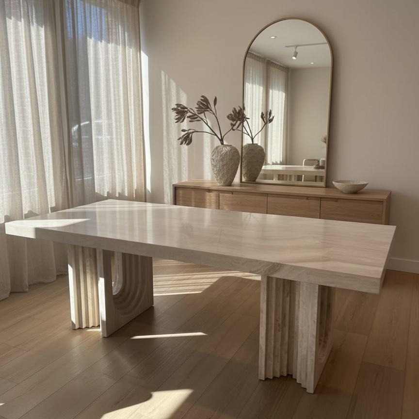 Caden Natural Travertine Dining Table styled in a sunlit dining room with a wood sideboard and neutral decor accents