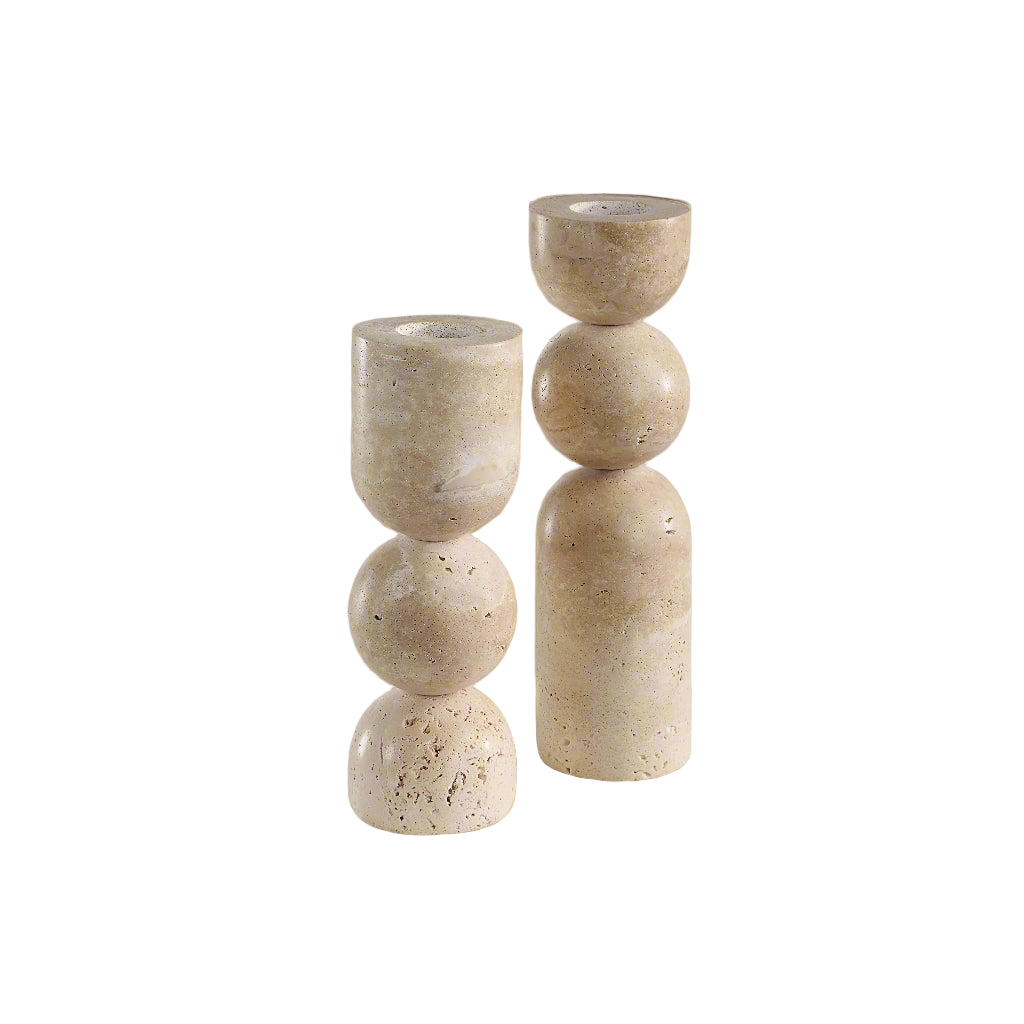 Caelo Candle Duo featuring two travertine stone candle holders with sculptural rounded shapes in natural beige tones