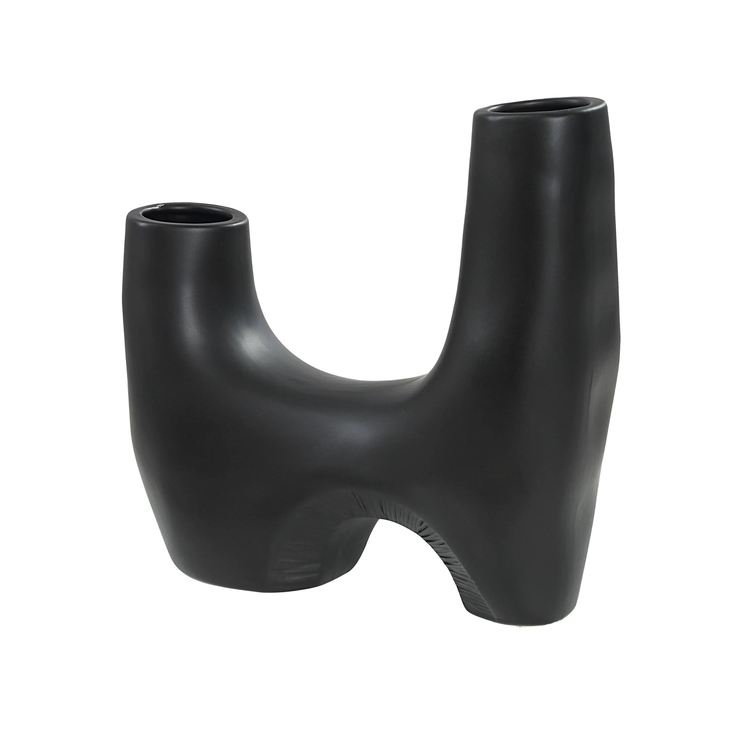 Caldera Vase in matte black finish featuring modern arched base and dual top openings