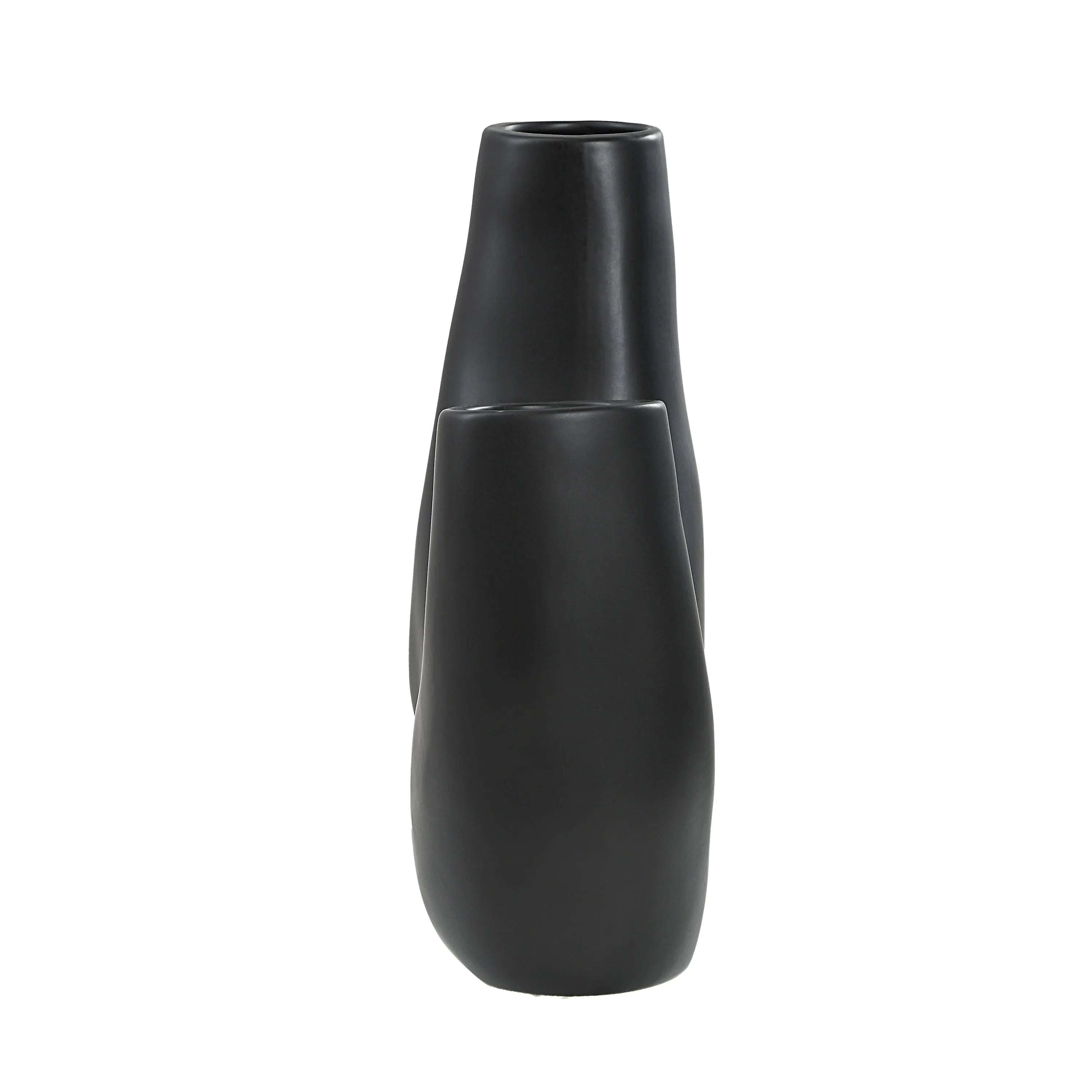 Rear view of Caldera Vase in matte black finish showcasing its sculptural modern silhouette