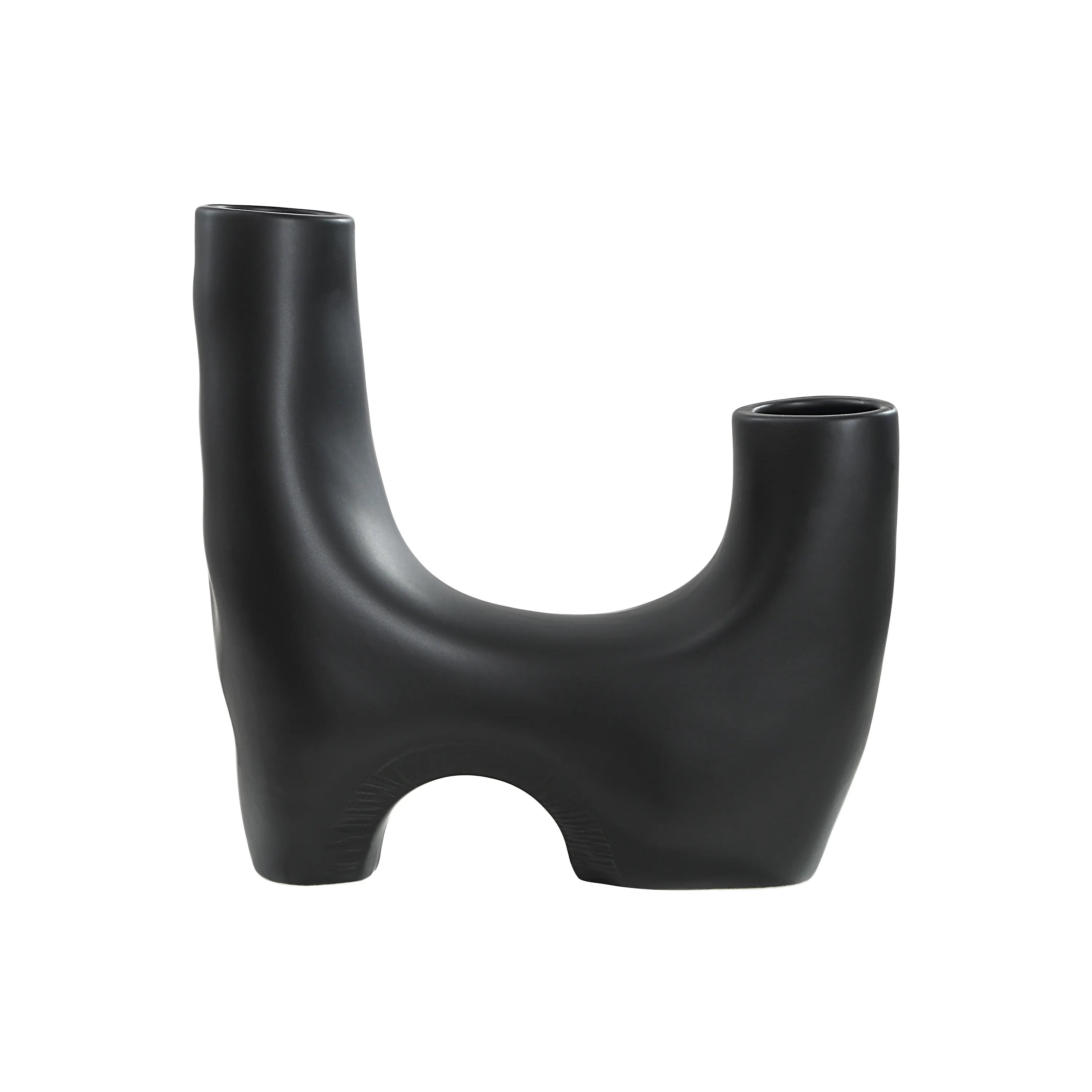 Caldera Vase in matte black finish with modern sculptural U-shaped design and twin openings