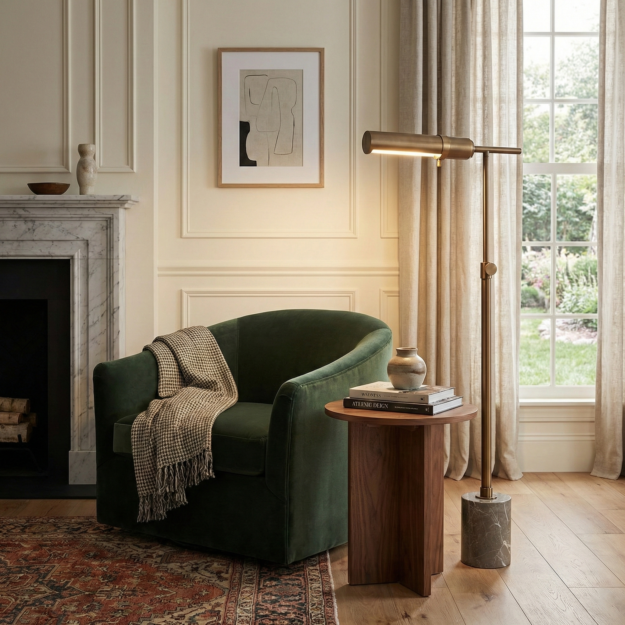 Calloway brass pharmacy floor lamp styled next to a green velvet armchair in a cozy reading nook, providing focused task lighting.